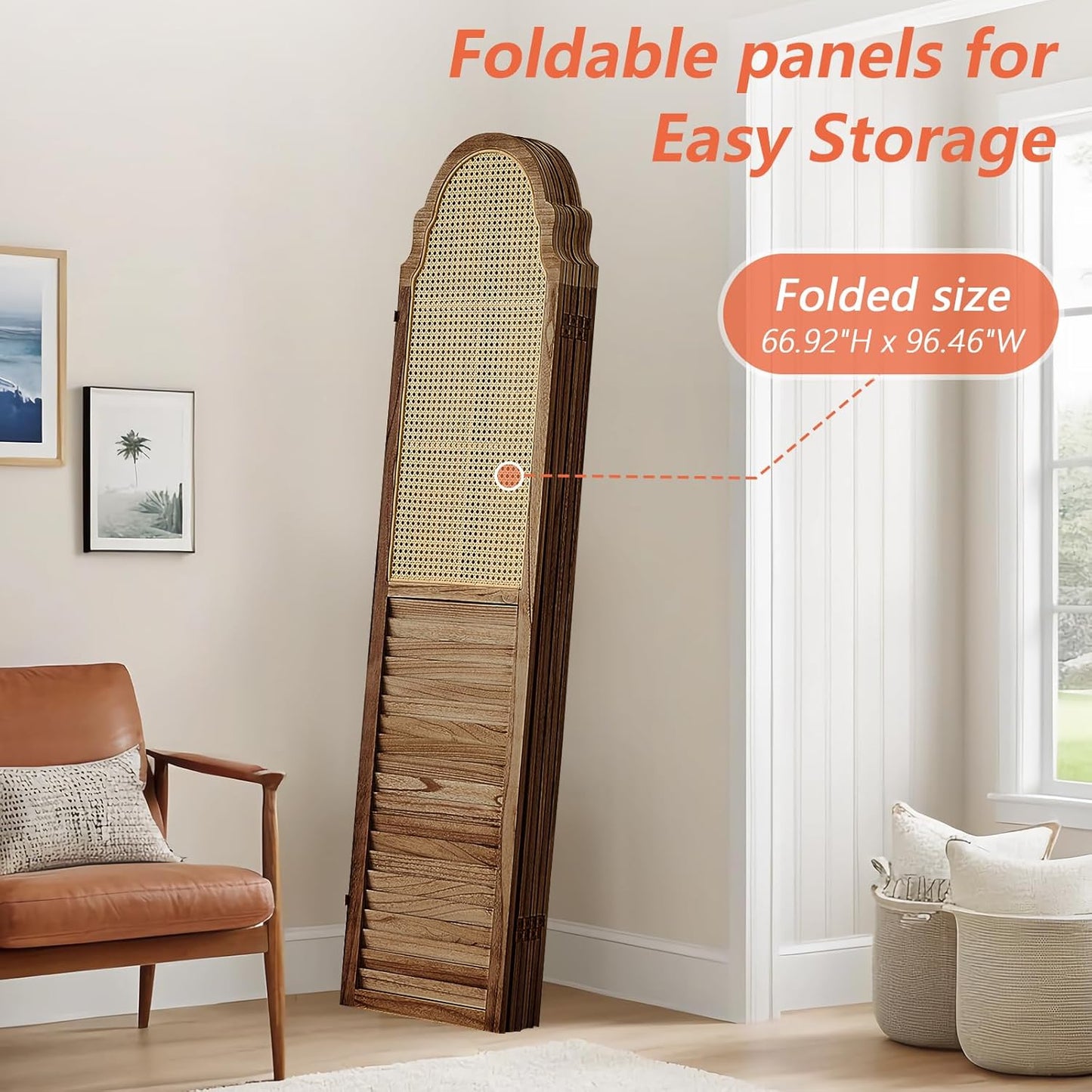 6 Panel Rattan Folding Screen Room Divider, Privacy Dividers for Rooms, Louvered Partition Dividers, Room Divider Panel for Bedroom, Dressing Room, Balcony, Dark Brown