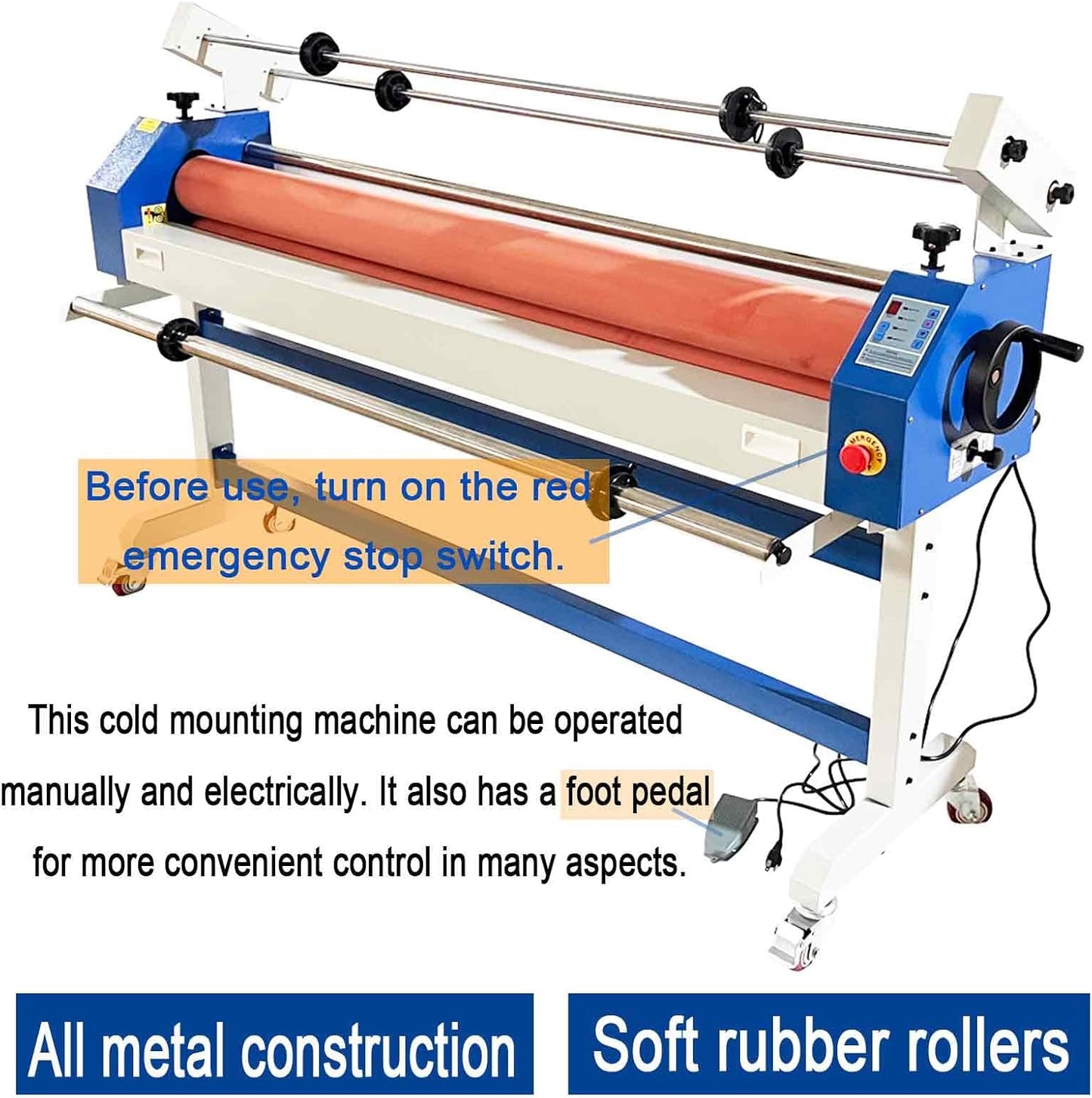 63in(1600mm) 110V Semi-auto Cold Laminating Machine with Soft Rubber Roller, Electric/Manual, Adjustable Speed Laminator with Foot Pedal, for Cold Mounting Photos