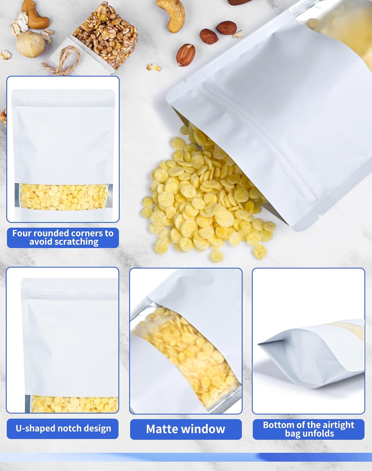 FireKylin 100 Pack Smell Proof Bags 5.5" x 7.8", Resealable Bags with Matte Window, Foil Pouch Stand Up Sealable Bags for Packaging（White）