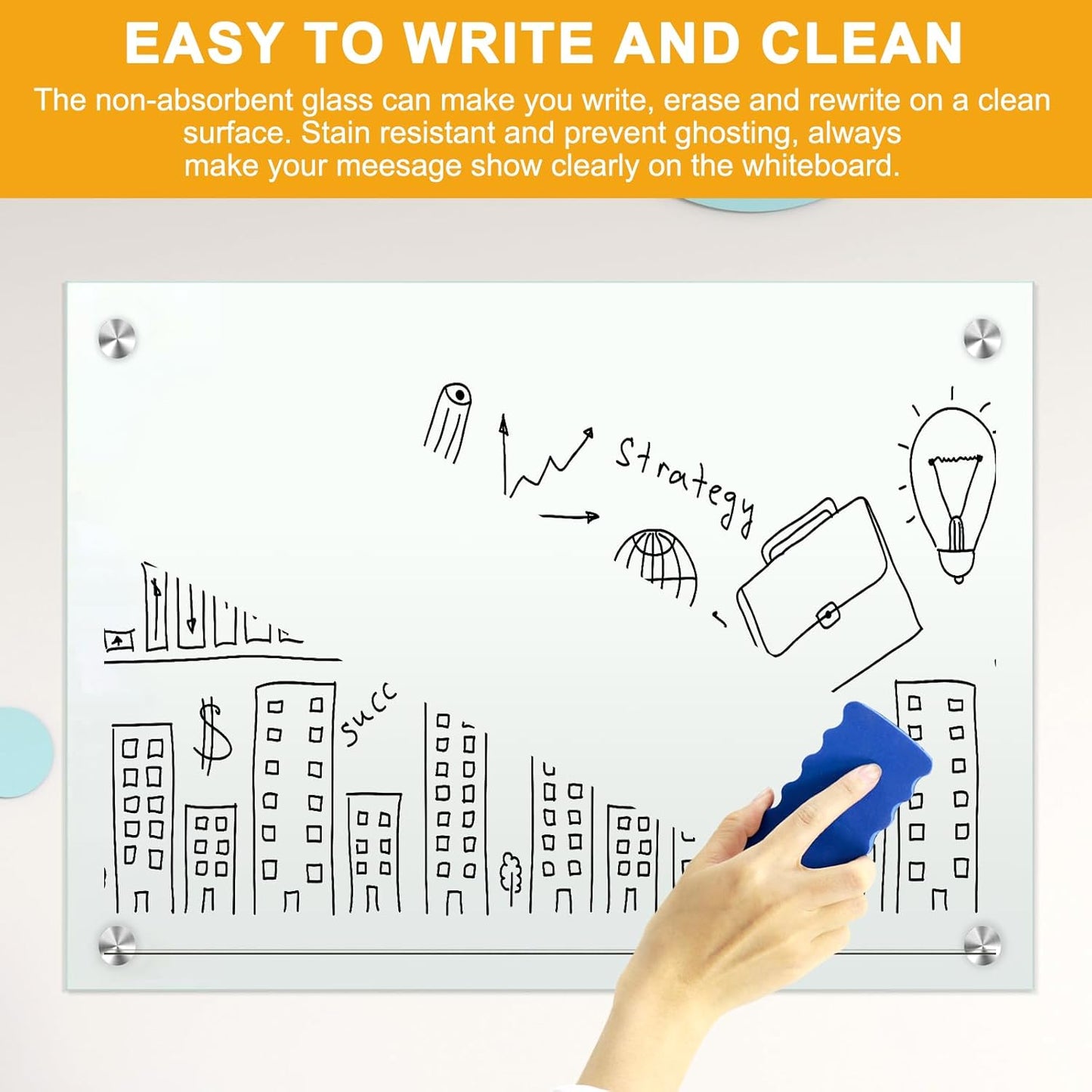 H-Qprobd Dry Erase White Board 48"x36" Glass Magnetic Whiteboard for Wall, Includes 12 Magnets, 8 Markers and 2 Erasers