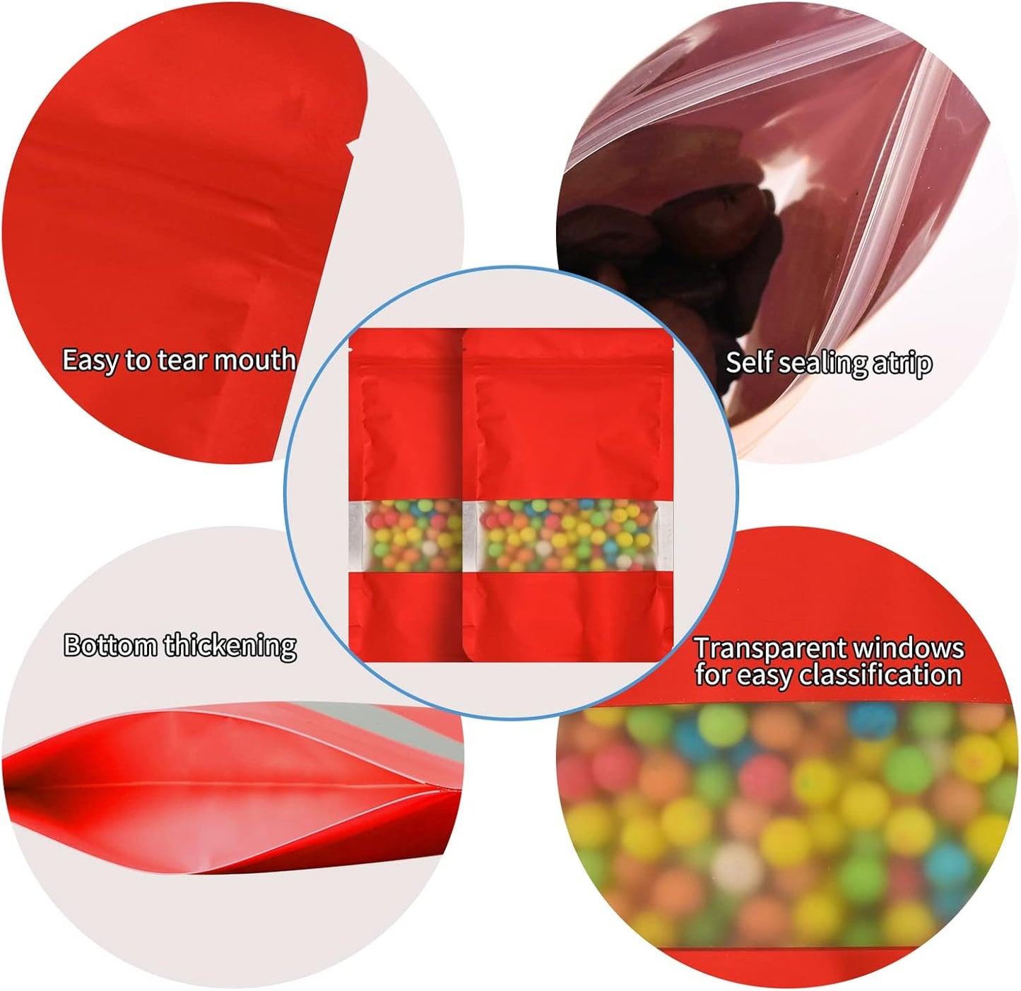 100 Pieces Smell Proof Mylar Bags, Resealable Food Storage Bags with Clear Window, Foil Pouch Stand-up Bags for Food Self Sealing Storage Supplies (Red, 5.3 x 7.8 Inch)