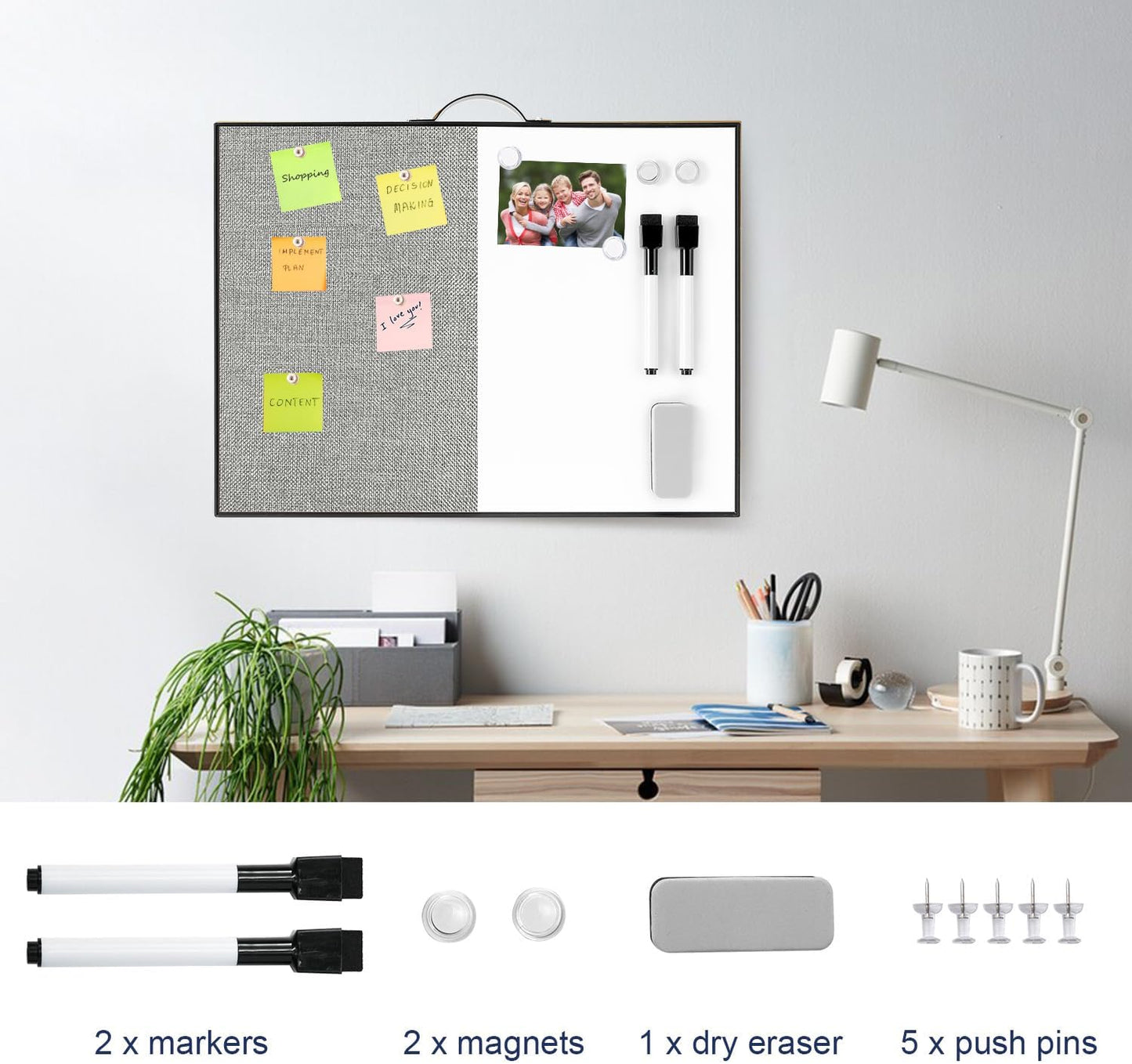 Small White Board Cork-Board Combo - 16 X 12 inches Gray Linen Board & Magnetic Dry Erase Board for Wall, Mini Bulletin Cork Board with Holder for Office, Home and School