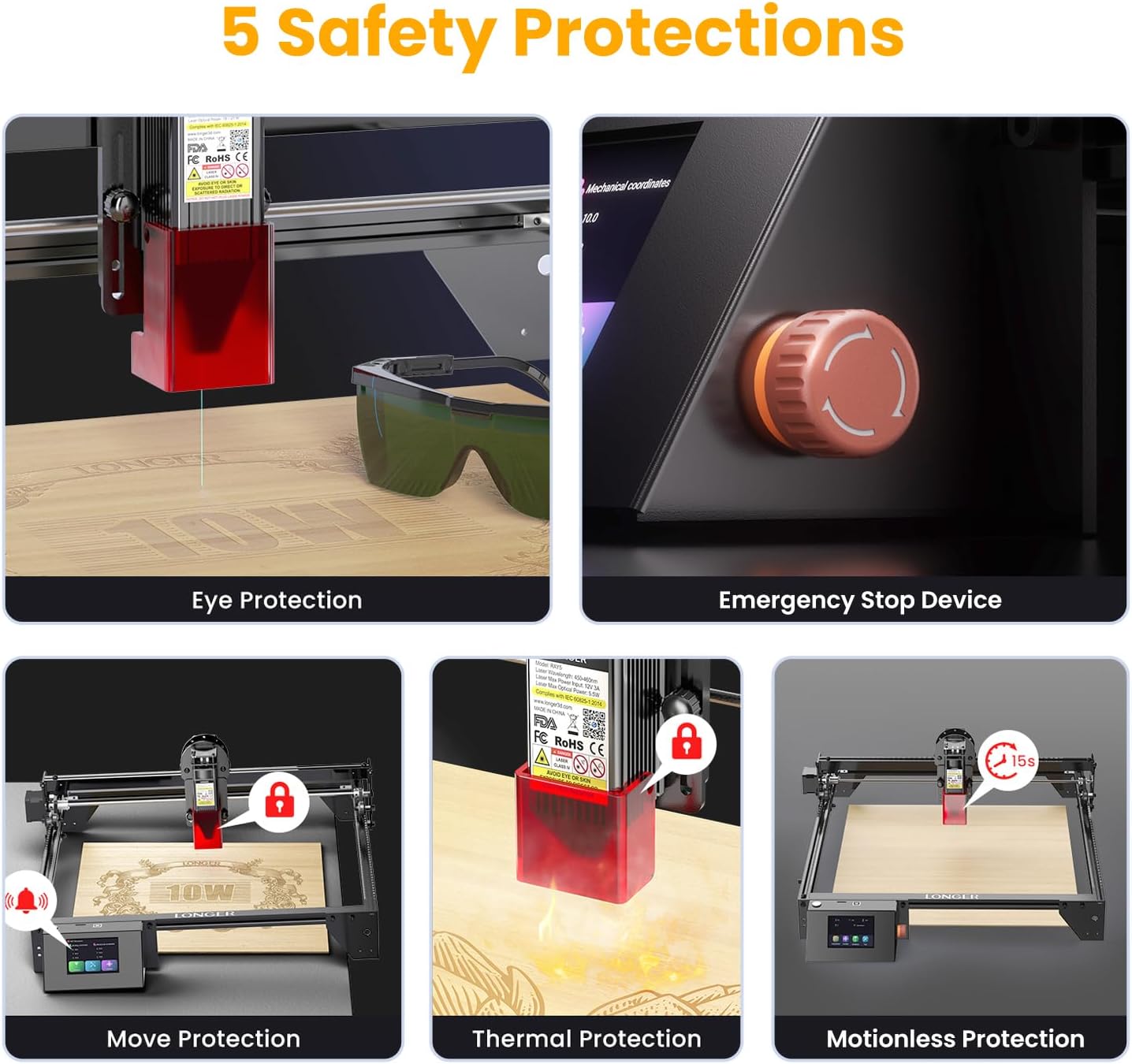 Longer RAY5 5W Laser Engraver with Touchscreen, Wood/Leather/Acrylic Engraving Cutting Machine, DIY Desktop Laser Cutter with Safety Protection, Air Assist & 3 in 1 Roller