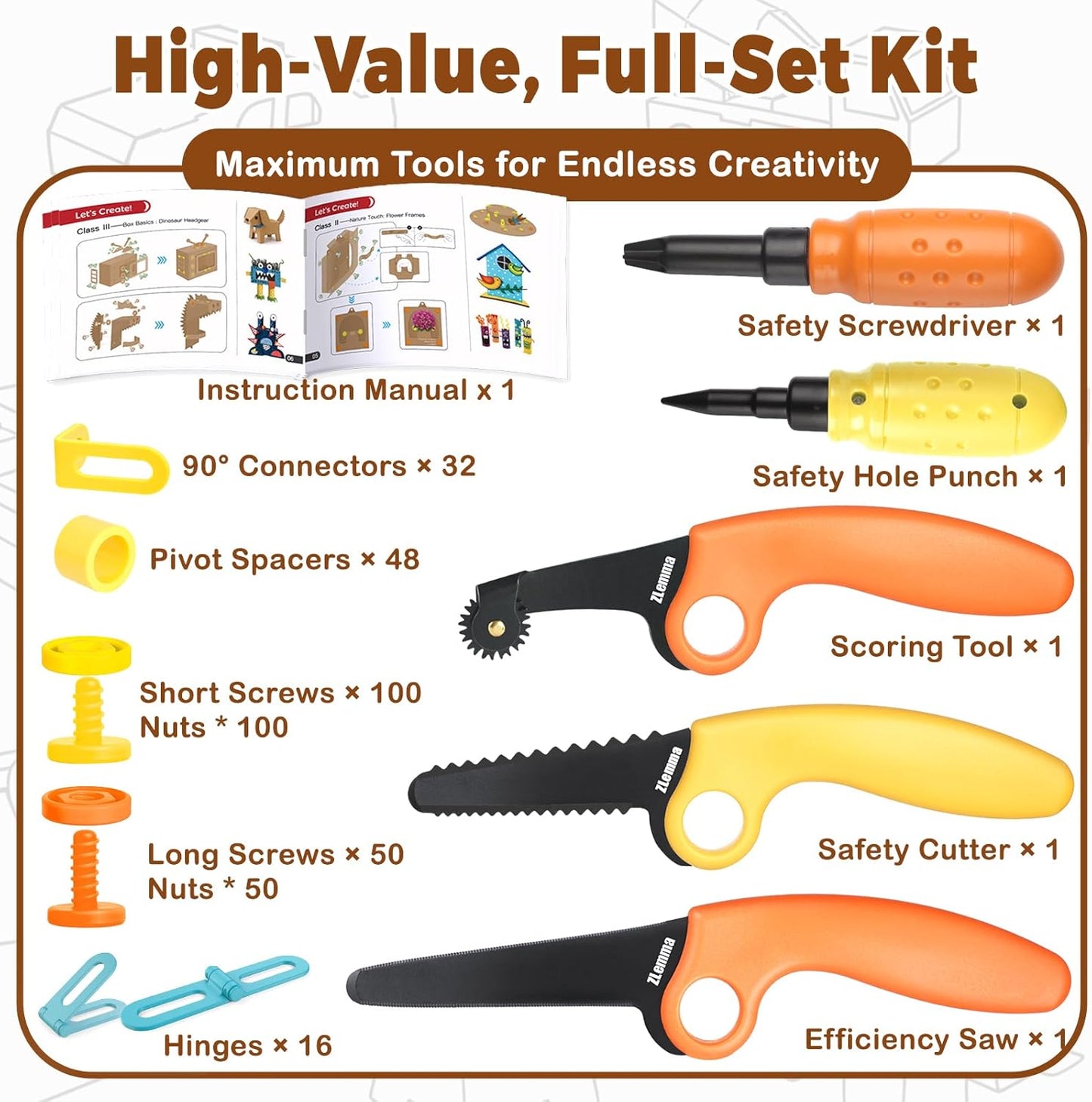 Cardboard Construction Kit - 401 PCS Kids Building Set with Safe Serrated Cutter, STEM Upcycled Tool for DIY Cardboard Projects, Engineering & Creativity (Standard Edition)