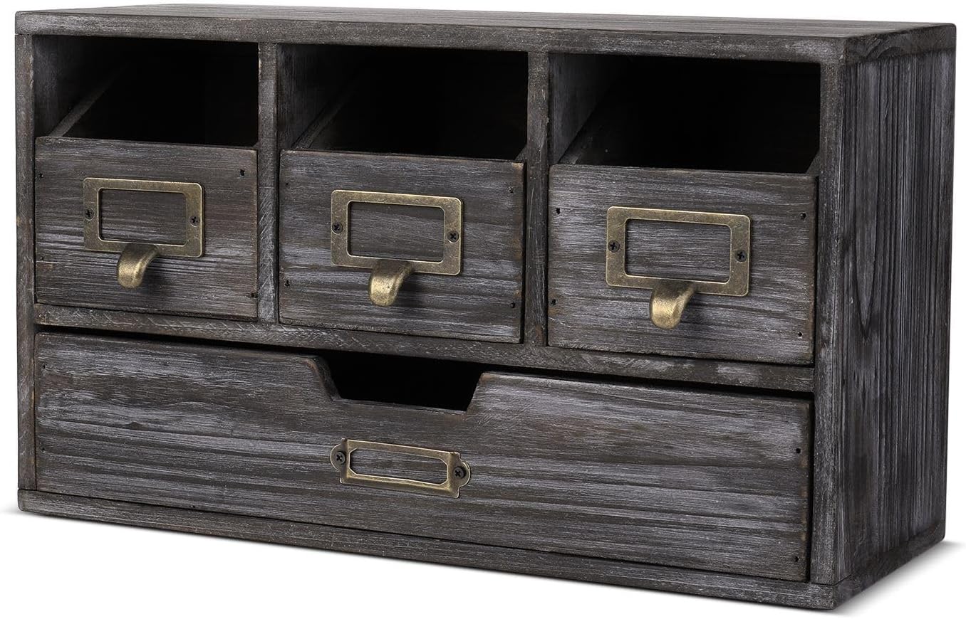 Flexzion Apothecary Cabinet with 4 Drawers - Vintage Rustic Wood Desktop Organizer for Home & Office Supplies - Tabletop Wooden Storage for Catalog, Card, Jewelry, Makeup, Craft & Tools