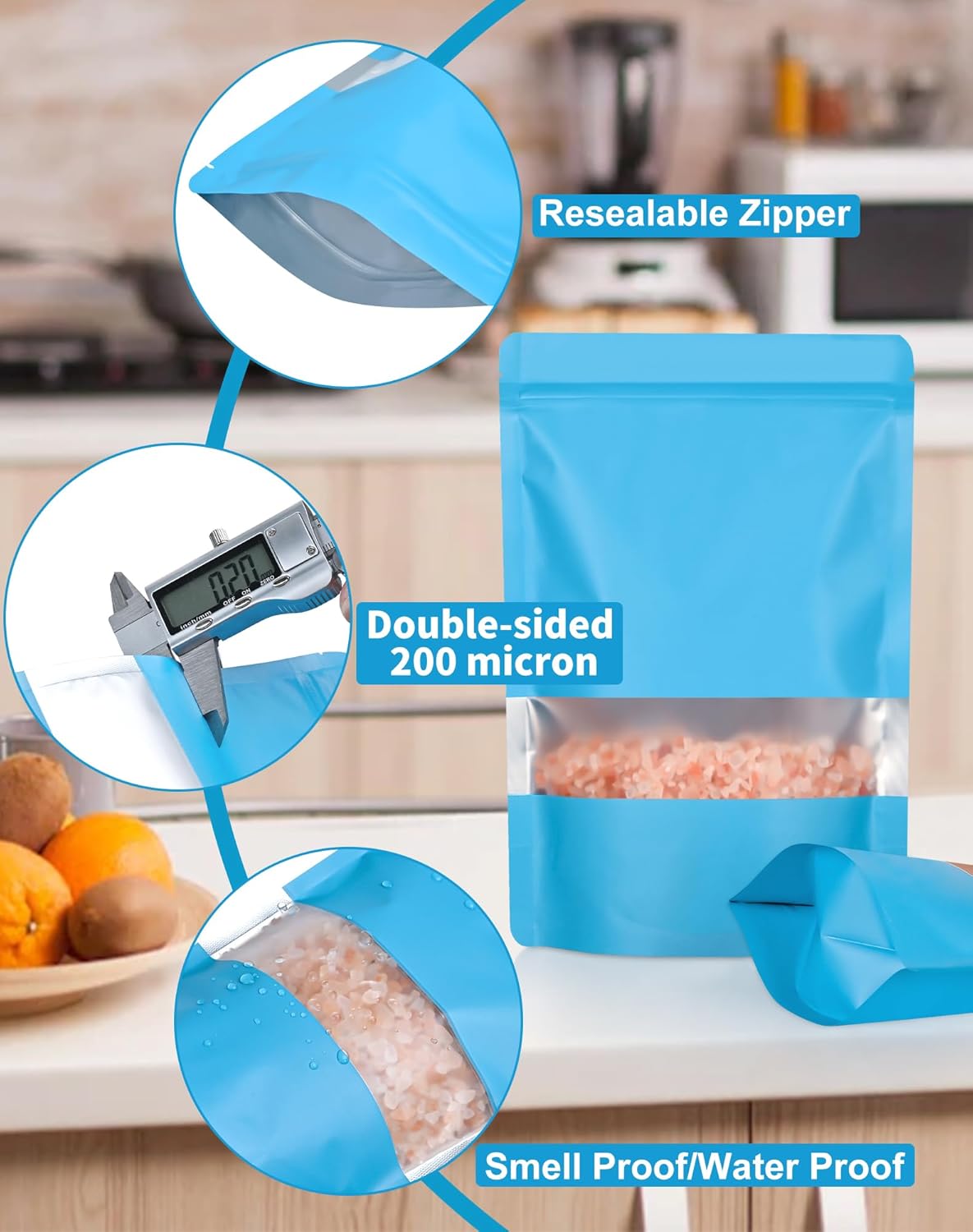 FireKylin 100 Pack Smell Proof Bags, Resealable Bags with Matte Window, Foil Pouch Stand Up Sealable Bags for Packaging（Blue,3.5" x 5.1"）