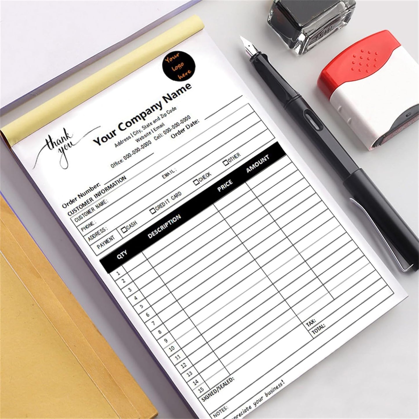 Custom Invoice Book in 3-Part /2-Part Receipt Book with Carbon Copies Personalized Carbonless Service Invoice Form Books Sales Order Book with Company Name Logo Address,C3-Thank You Receipt