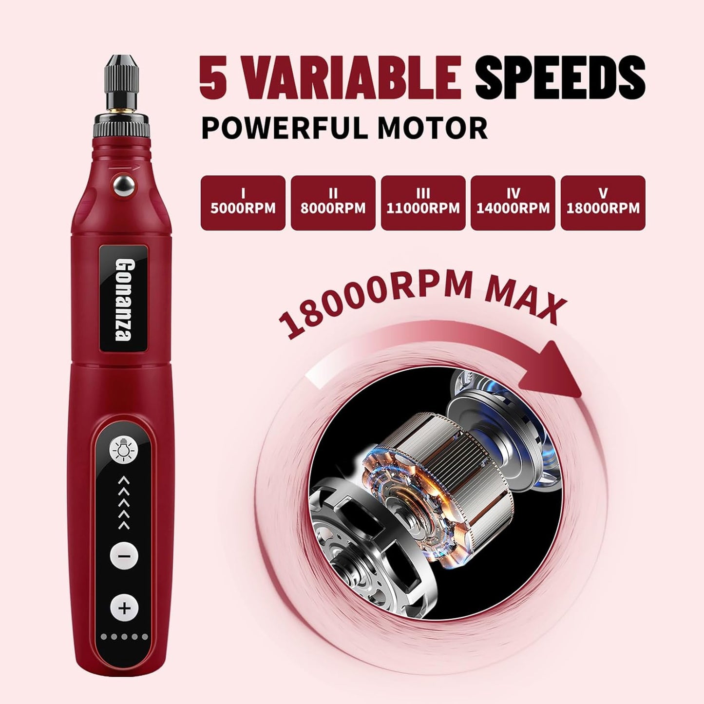 GONANZA Mini Cordless Rotary Tool Kit - 5-Speed, 3.7V Power Supply with LED Light 62 Accessories for Engraving, Sanding, Polishing, Type-C Rechargeable Perfect for DIY Crafts and Precision Work(Red)
