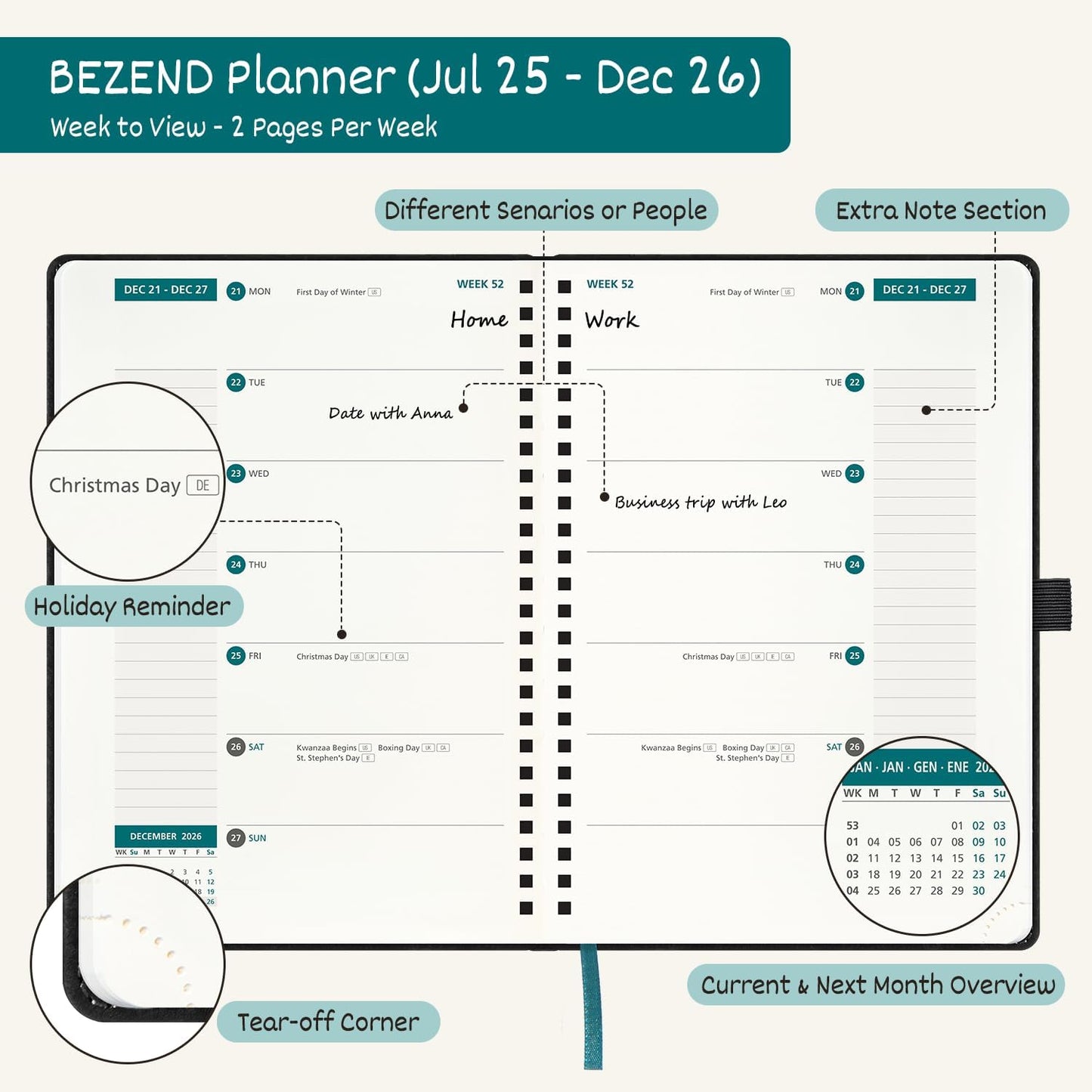 BEZEND Weekly Planner 2025-2026 with 2 Columns, 5.8" x 8.5" Academic Calendar 18 Months (Jul 25-Dec 26) Life Work Appointment Book with Monthly Tab, PU Leather Softcover Spiral - Fruit Green