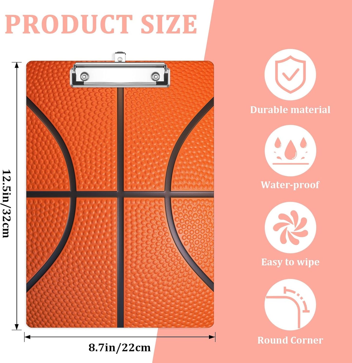 Basketball Texture Plastic Clipboards,Cute Fashion Clipboard Decorative 8.5" x 12.5"Standard A4 Size Clipboards,Acrylic Clipboard for Teacher,Social Worker,Students,Nurse,Office Supplies