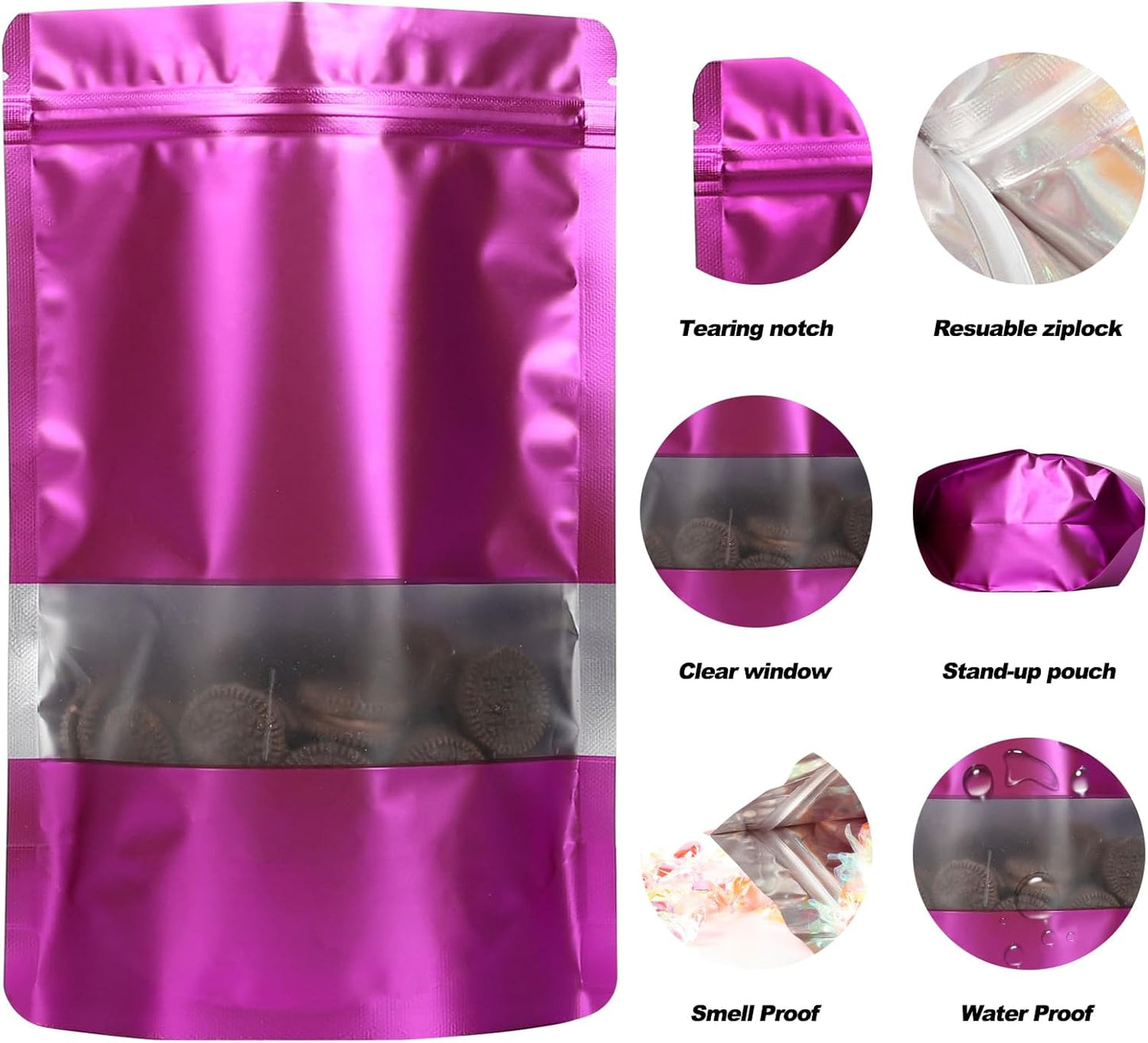 100 Pack Smell Proof Bags, Resealable Mylar Bags with Matte Window, Foil Pouch Stand-up Bags for Food Self Sealing Storage, Scratch Resistant Hand Storage Bags. (Purple, 5.9×8.6 Inch)
