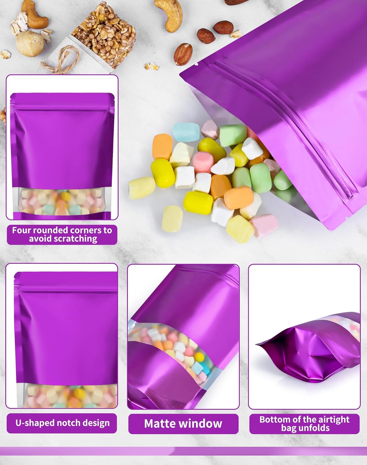 FireKylin 100 Pack Smell Proof Bags 5.5" x 7.8", Resealable Bags with Matte Window, Foil Pouch Stand Up Sealable Bags for Packaging（Purple）