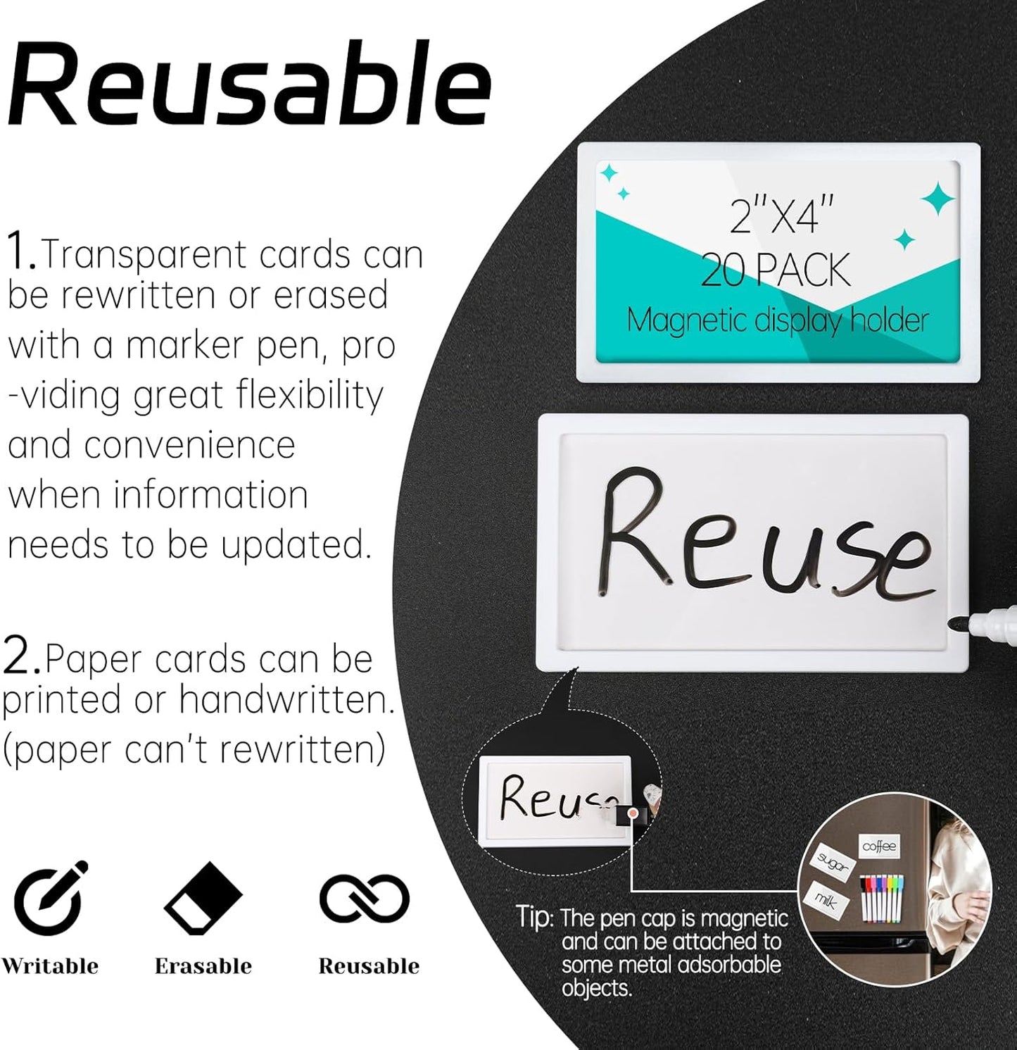 20Pcs 2x4 inch Magnetic Plastic Label Holder for Supermarket Store Price Tag, Metal Shelf File Storage Cabinet Drawer Label Tag Resuable with 8 Color Chalk Makers, 20Pcs White Paper (White)