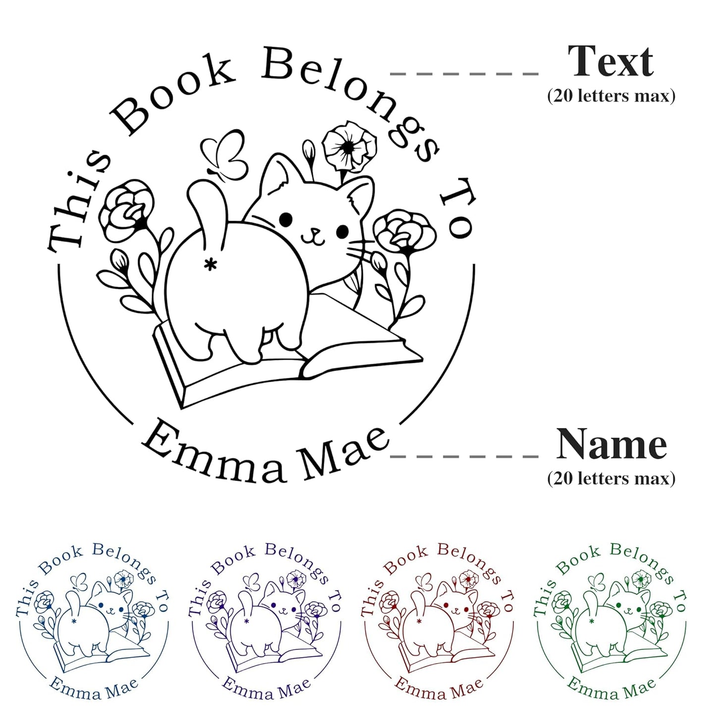 Cat Flower Book Embosser Stamp with Your Name and Ctue Kitty Rose Personalized Library Embosser Stamp Customized Books Business Cards Paper Documents Notebooks etc. (Cute Cat - 02)