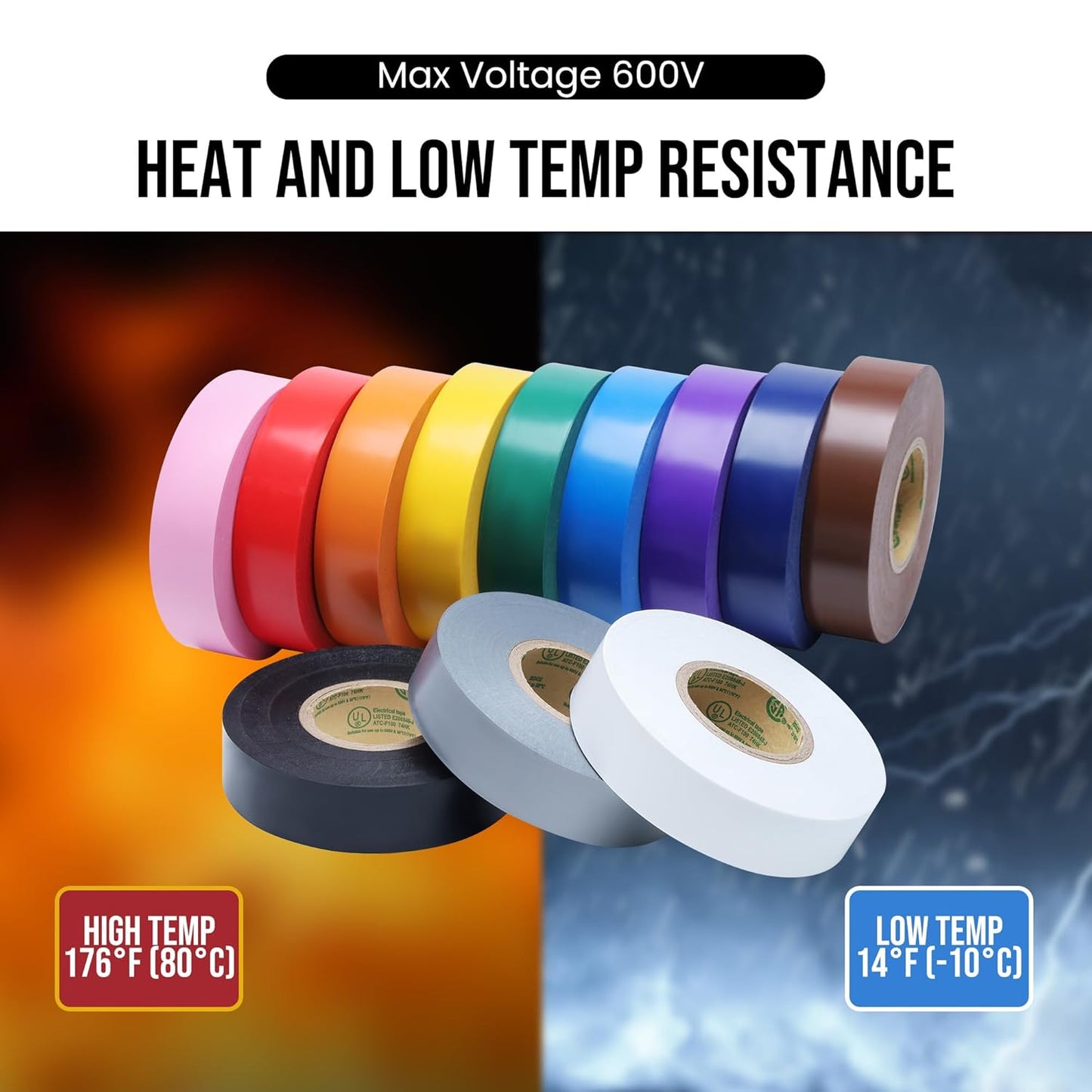 Lichamp 12 Pack Colored Electrical Tape Waterproof, 3/4 in x 66ft, Industrial Grade UL/CSA Listed High Temp Electrical Tape Colors Electric Super Vinyl, 1275C1