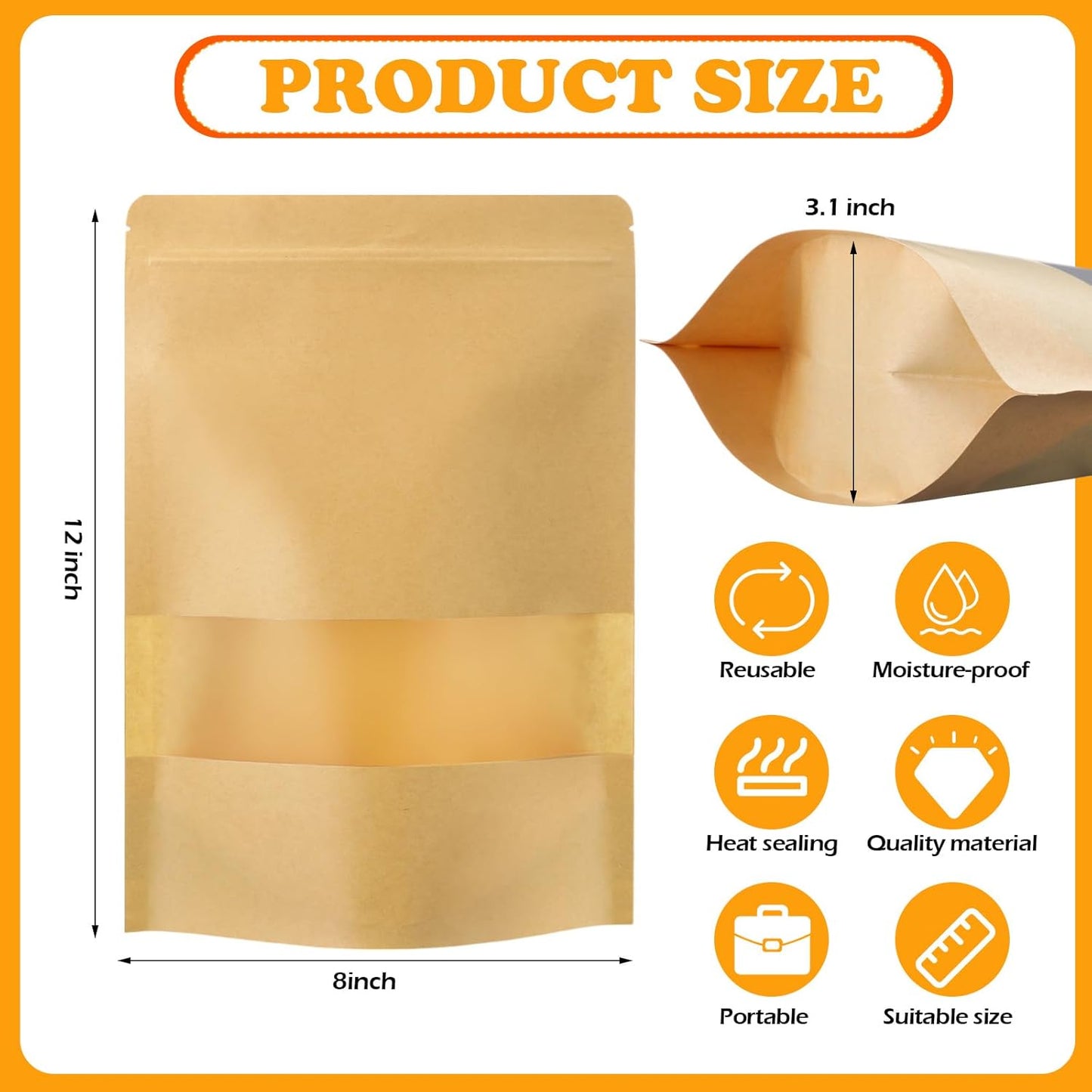 Geosar 300 Pcs Kraft Bags with Window 8 x 12 Inch Stand Kraft Pouches Bulk Zipper Paper Pouches Food Storage Reusable Heat Sealable Bags for Packaging Home Business