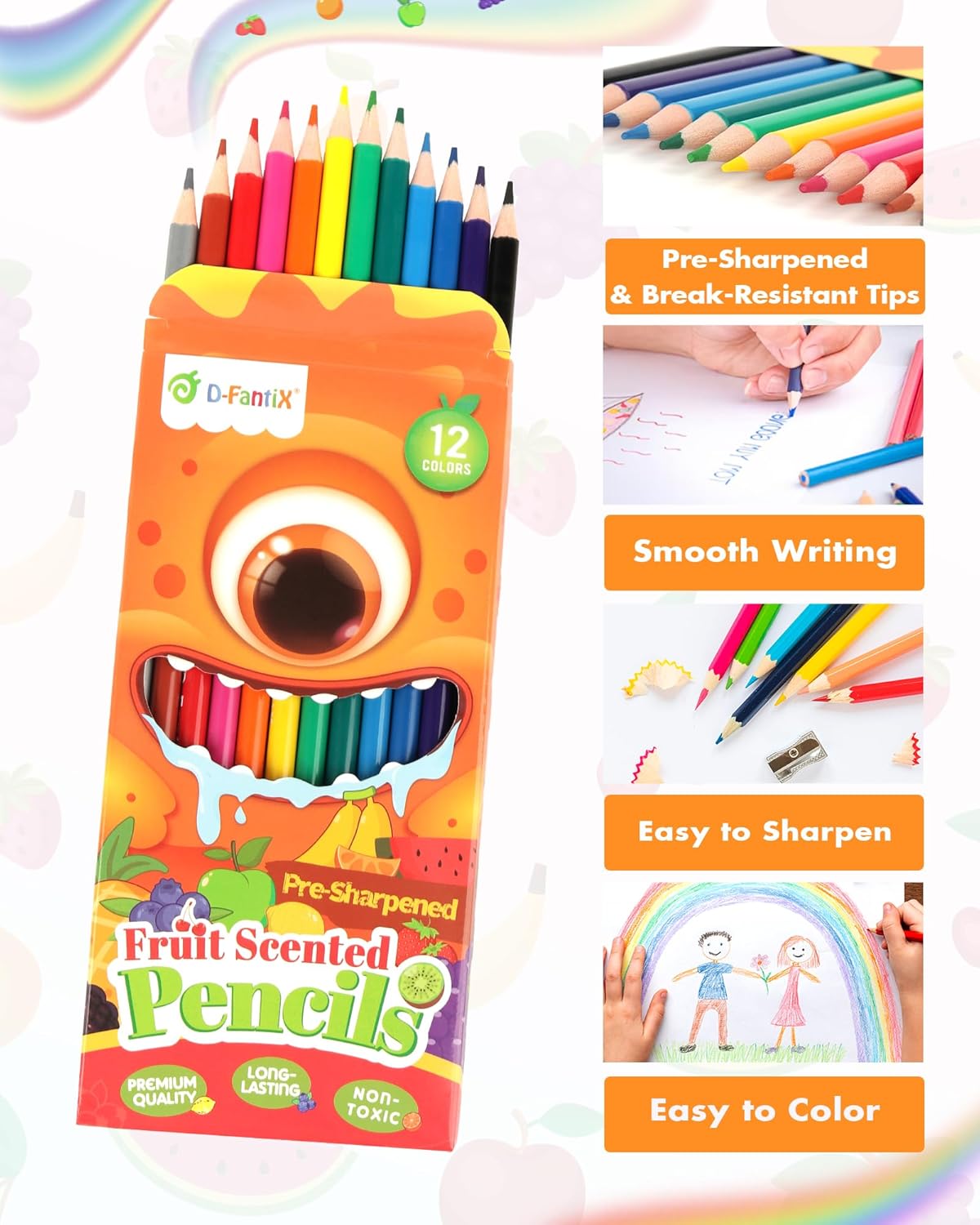 D-FantiX 24 Pack Fruit Scented Colored Pencils Bulk, 288 Count Pre-Sharpened Coloring Pencils Sets for Kids Students, Ideal Gifts for Classroom Prizes, Donations, Party Favors, Back to School Supplies
