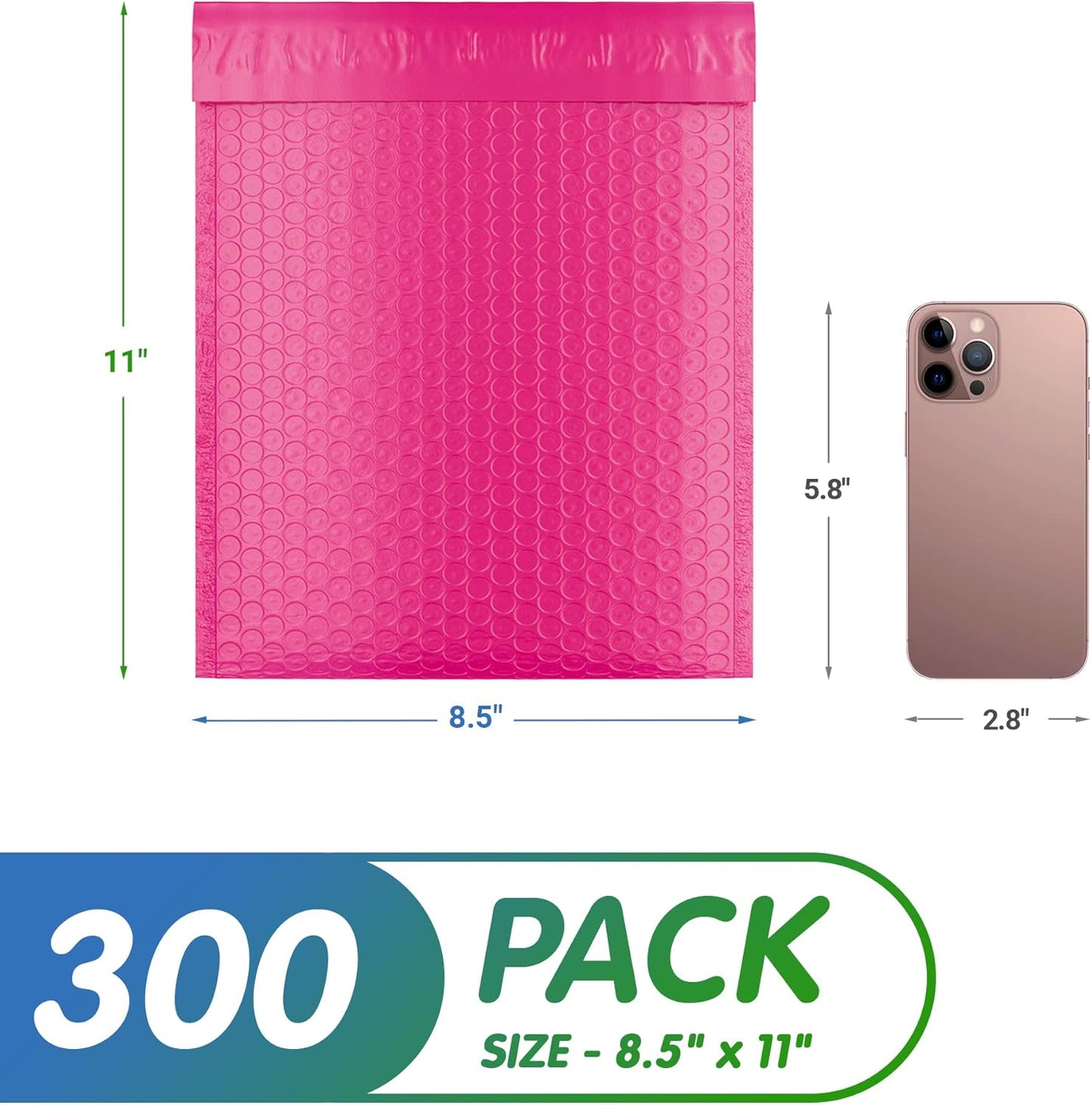 Pink Poly Bubble Mailers Self Seal, 8.5 x 11 Inch. Pack of 300 Bubble Packaging Envelopes for Shipping. Durable Padded Envelopes Waterproof. Self Seal Padded Mailers. Shipping Packages
