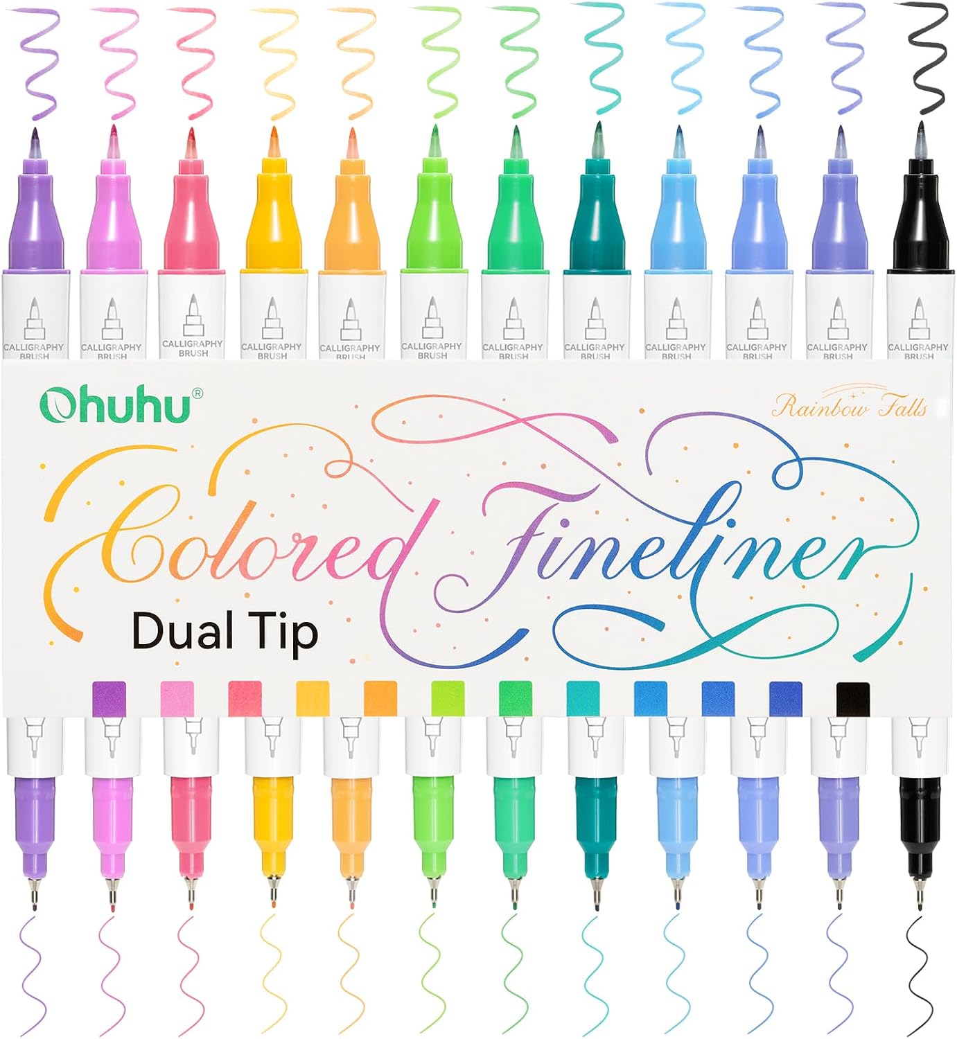 Ohuhu Brush & Fineliner Dual Tips Colored Drawing Pens, 12 Colors Waterproof & Alcohol-proof Brush Micro Pens for Adults Artists & Beginners Drawing Sketching Bullet Journal Outlining Office Class