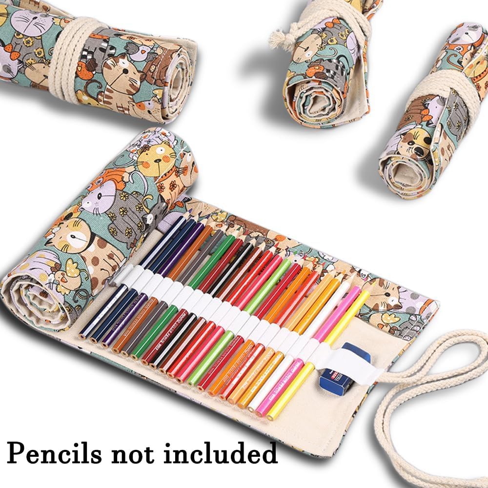 DIYOMR 24/36/72 Slots Pencil Wrap Pencil Rolls, Artist Colored Pencils Roll Up Bag Short Brushes Pouch Case Pencils Organizer for Drawing Coloring and Sketching, NO PENCILS (Cuddly Cat, 72slots)