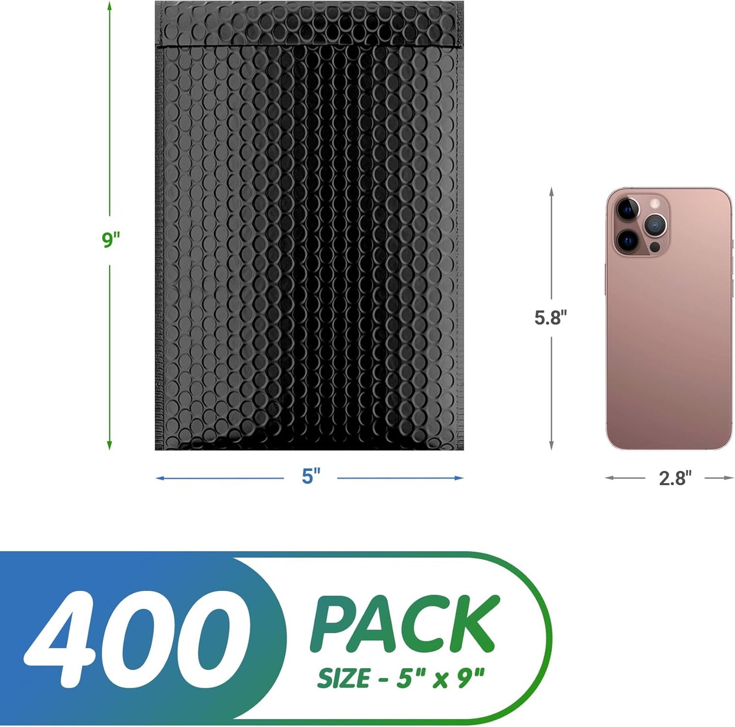Matte Black Poly Bubble Mailers Self Seal, 5 x 9 Inch. Pack of 400 Bubble Packaging Envelopes for Shipping. Durable Padded Envelopes Waterproof. Self Seal Padded Mailers. Shipping Packages