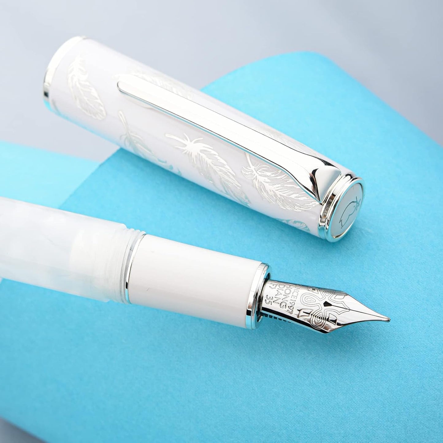 Hongdian N8 White Acrylic Resin Fountain Pen, Iridium Extra Fine Nib Silver Plated Feather Carving Cap Smooth Writing Pen with Converter and Metal Pen Box Set