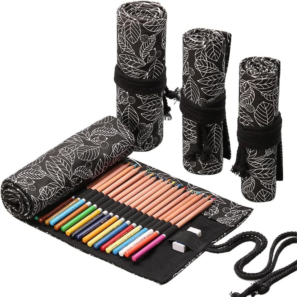 DIYOMR 12/24/36/72 Slots Pencil Wrap Roll, Artist Colored Roll Up Bag, Short Brushes Pouch Case Organizer for Drawing Coloring and Sketching, No Pencils (Black Leaves, 12slots)
