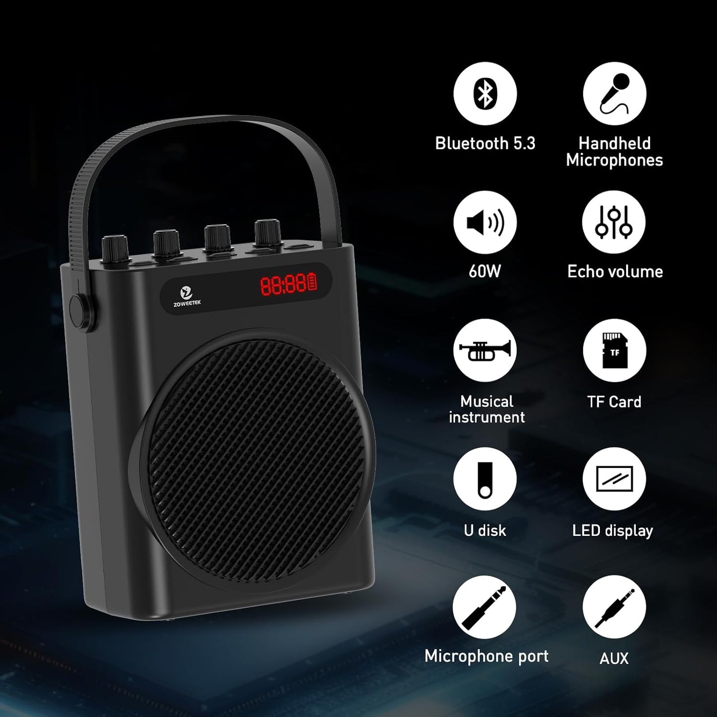 ZOWEETEK Powerful Voice Amplifier with 2 Wireless Microphones Handheld, Portable Speaker with Microphone, Karaoke Machine,Buletooth Speaker PA System,Portable Megaphone,Support TF Card,USB,Guitar,Aux