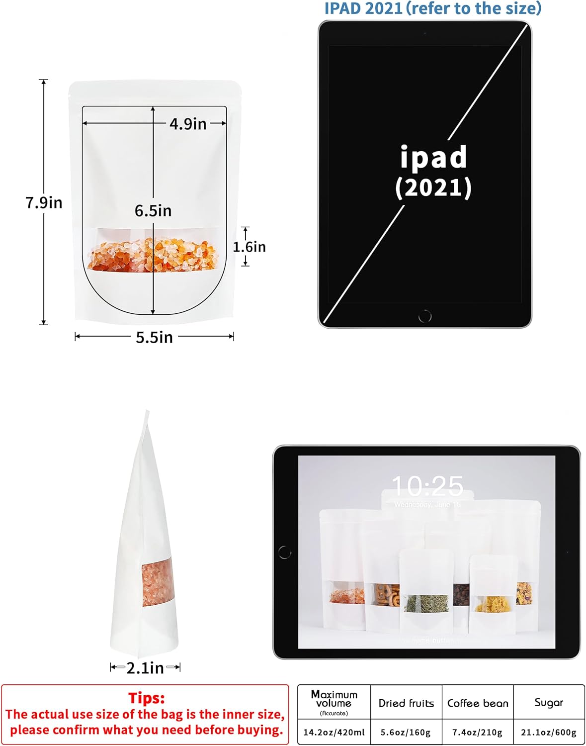 FireKylin 100 Pcs White Paper Bags with Window, 5.5" x 7.9" Stand Up Pouches, Zipper Food Storage Bags for Packaging Products, Reusable, Sealable