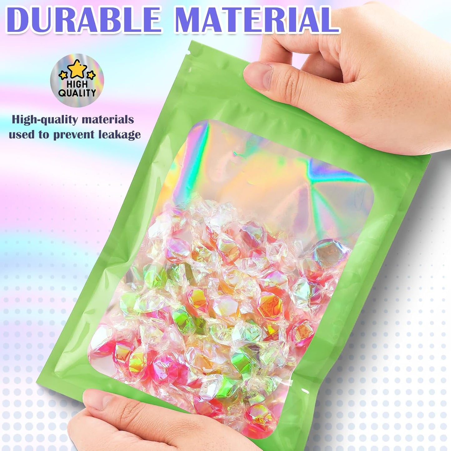 100 Pcs Mylar Bags, Smell Proof Bags Foil Pouch, Holographic Resealable Bags for Small Business, Candy Sample Jewelry Bag Sealable Packaging for Party Favor Food Storage (3x5in-Green)