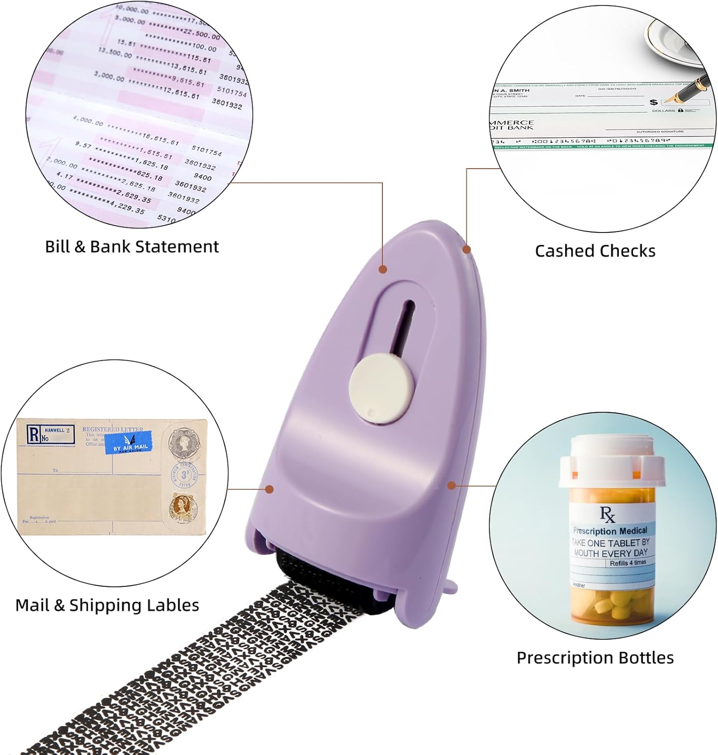 Identity Theft Protection Roller Security Stamp 2Packs - Guard Your ID with Refillable Ink, Built-in Cutter & Flip Cover Design, Compact Privacy Safety Tool for Document, Mail, etc. (Purple)