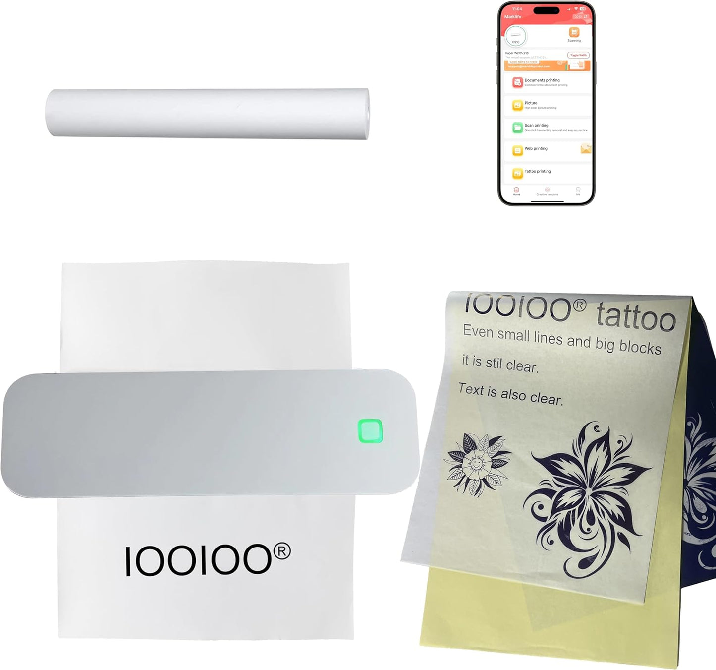 IOOIOO D210 Portable Printer, Wireless Inkless Bluetooth Thermal Printer for Tattoo Stencil Transfer Paper, for 8.5 x 11 Letter, A4 Rolled & Folded Thermal Paper (White, Without Carrying Case)