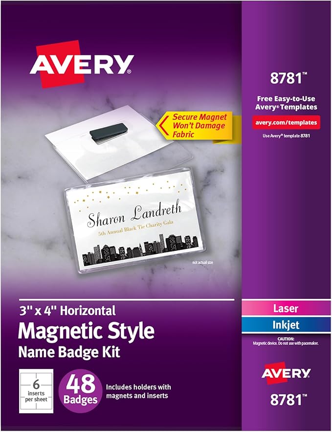 Avery Customizable Name Badges, Magnet Style, 48 Total by Avery
