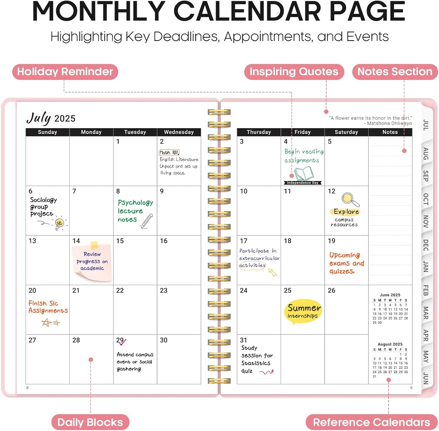 Planner 2025-2026, Academic Year Weekly and Monthly Calendar Planner, July 2025 - June 2026, Spiral Bound School Planning Tool, Perfect for Teacher, Student, Woman & Men - A4 (8.5" x 11"), Pink