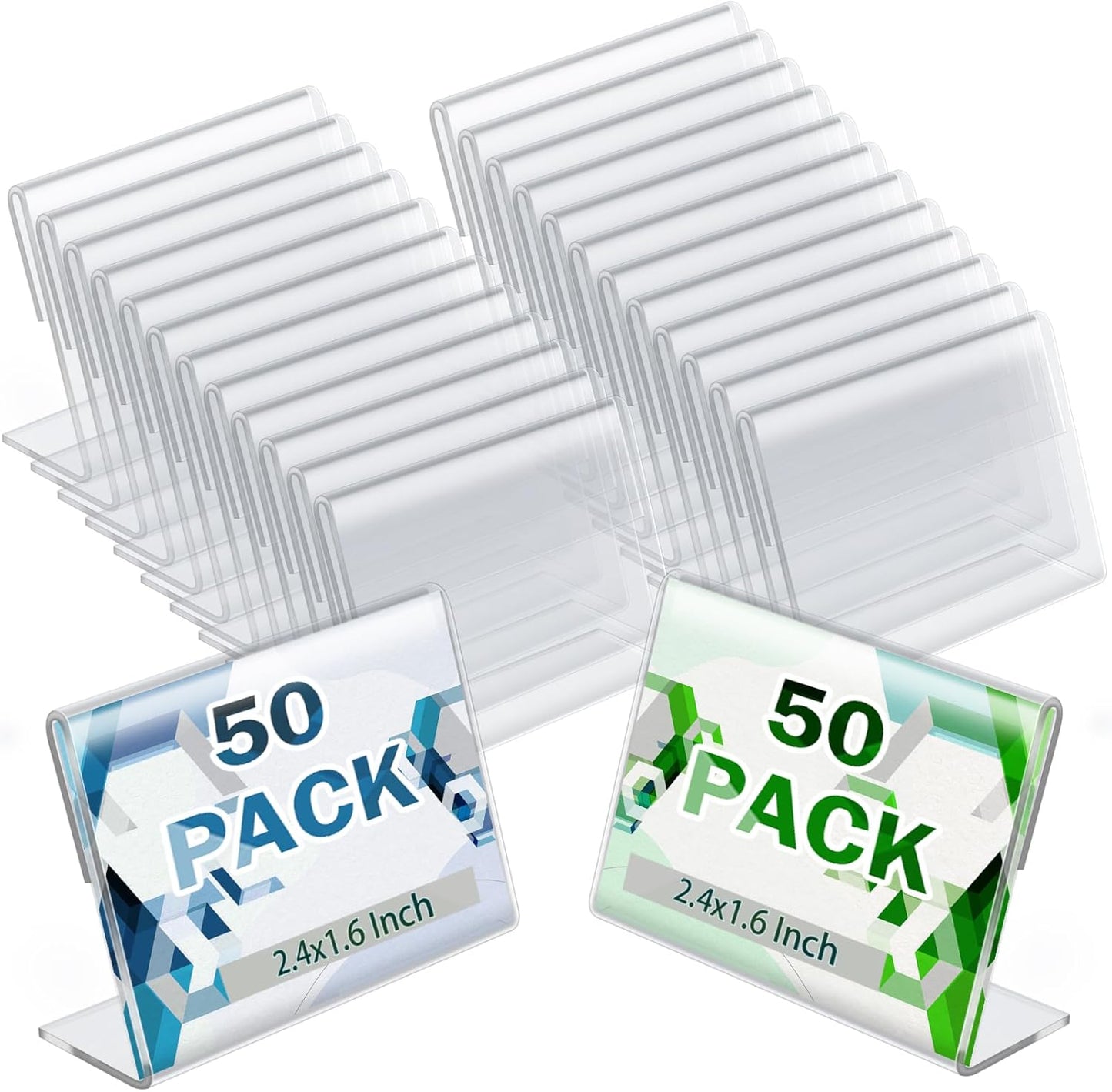 BILLIOTEAM 50pack Mini Clear Sign Display Holder with Blank Labels,2.36*1.57 Inch Horizontal Slanted L-Shape Plastic Name Card Price Card Tag Label Counter Top Stand
