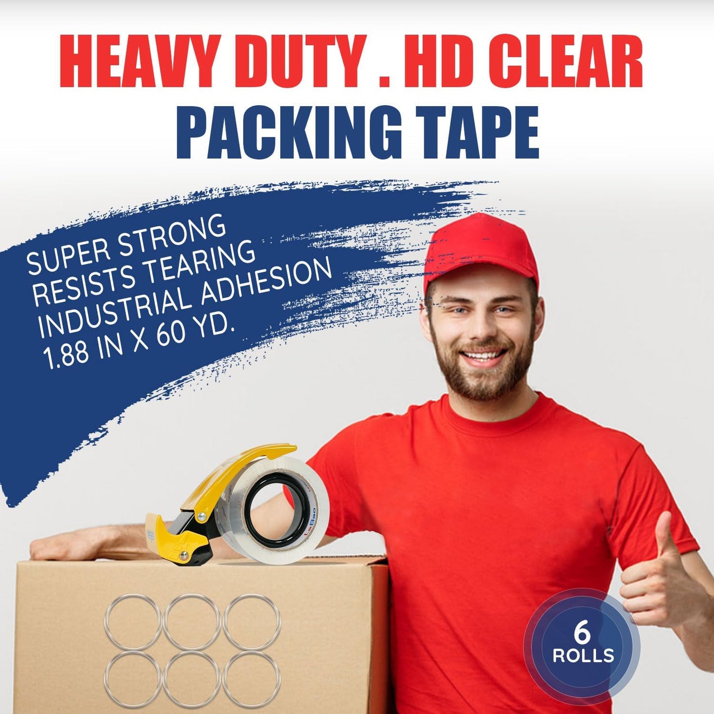 Heavy Duty Packing Tape with Metal Dispenser, Strong HD Clear Packaging Tape, 6 Rolls 1.88 in. x 60 yd. x 2.7MiL, Secure Sealing for Cardboard, Moving Boxes & Shipping Supplies