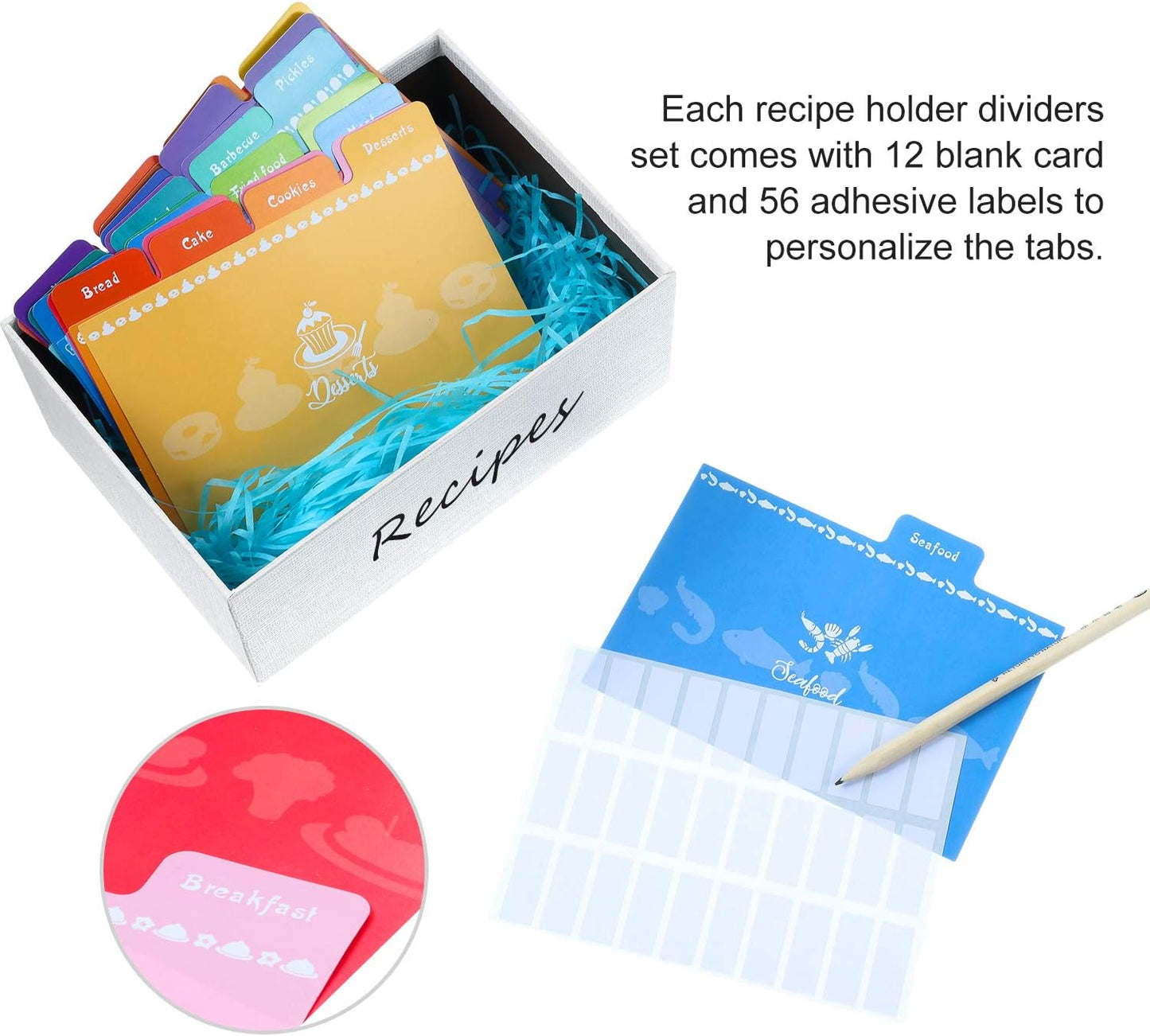 Outus 36 Pieces Recipe Card Dividers Tabs Include 24 Labelled and 12 Blank Tabs 60 Adhesive Labels Fit 4 x 6 Inch Cards for Recipe Box Organize (Bright Style)