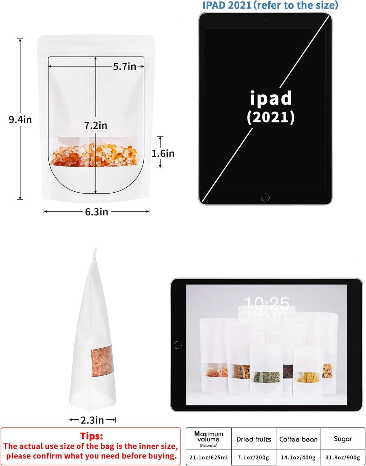 FireKylin 100 Pcs White Paper Bags with Window, 6.3/inch x 8.6/inch Stand Up Pouches Bag, Zipper Food Storage Bags for Packaging Products, Reusable, Sealable