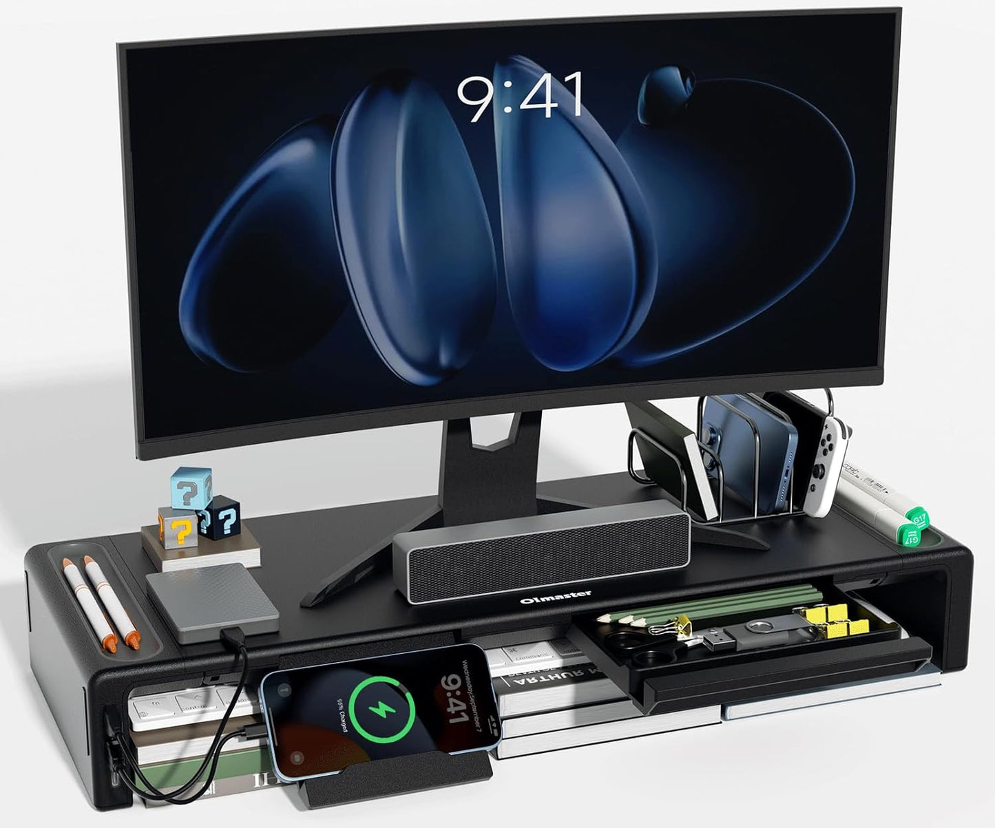 OImatser Monitor Riser 3.0 USB HUB, Foldable Computer Stand with Type-C Port, Adjustable Length and Storage Drawer & Pen Slot, Phone Stand
