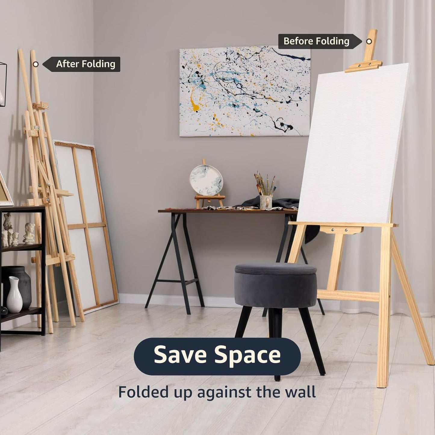 Nian Feng Wooden Easel for Painting, Large Floor Painting Stand for Adjnstable Height and Folding, 59-Inch, for Canvas Wedding Sign Poster, Art Easel for Adults and Teens (Natural)