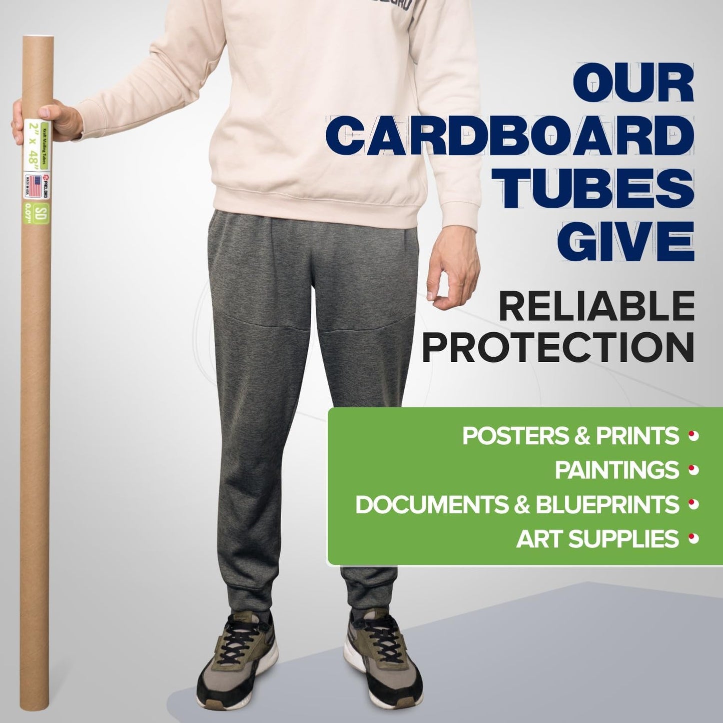 2" x 48" Reinforced Kraft Paper Mailing Tube, Pack of 1 Tube with 2 Caps – Secure USPS Approved Poster Tube – Cardboard Tube for Shipping and Storing of Posters, Prints, Artwork, or Documents