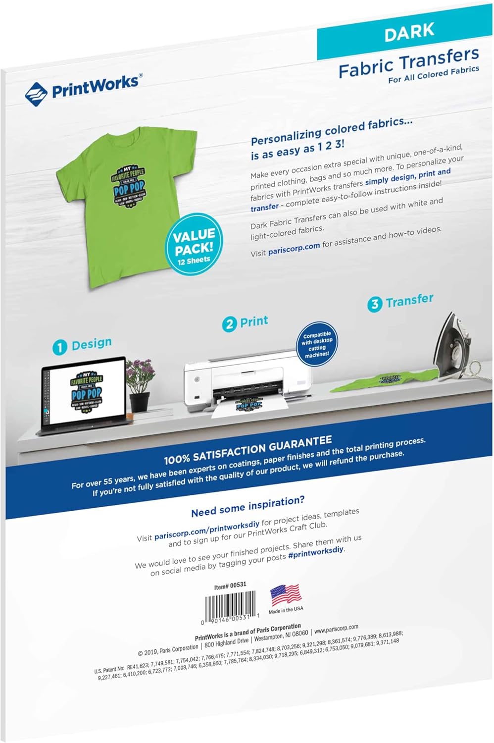 PrintWorks Printable Iron on Heat Transfer Paper for Dark Fabrics & T-Shirts, 8.5” x 11”, 12 Sheets, Easily DIY, Made in the USA