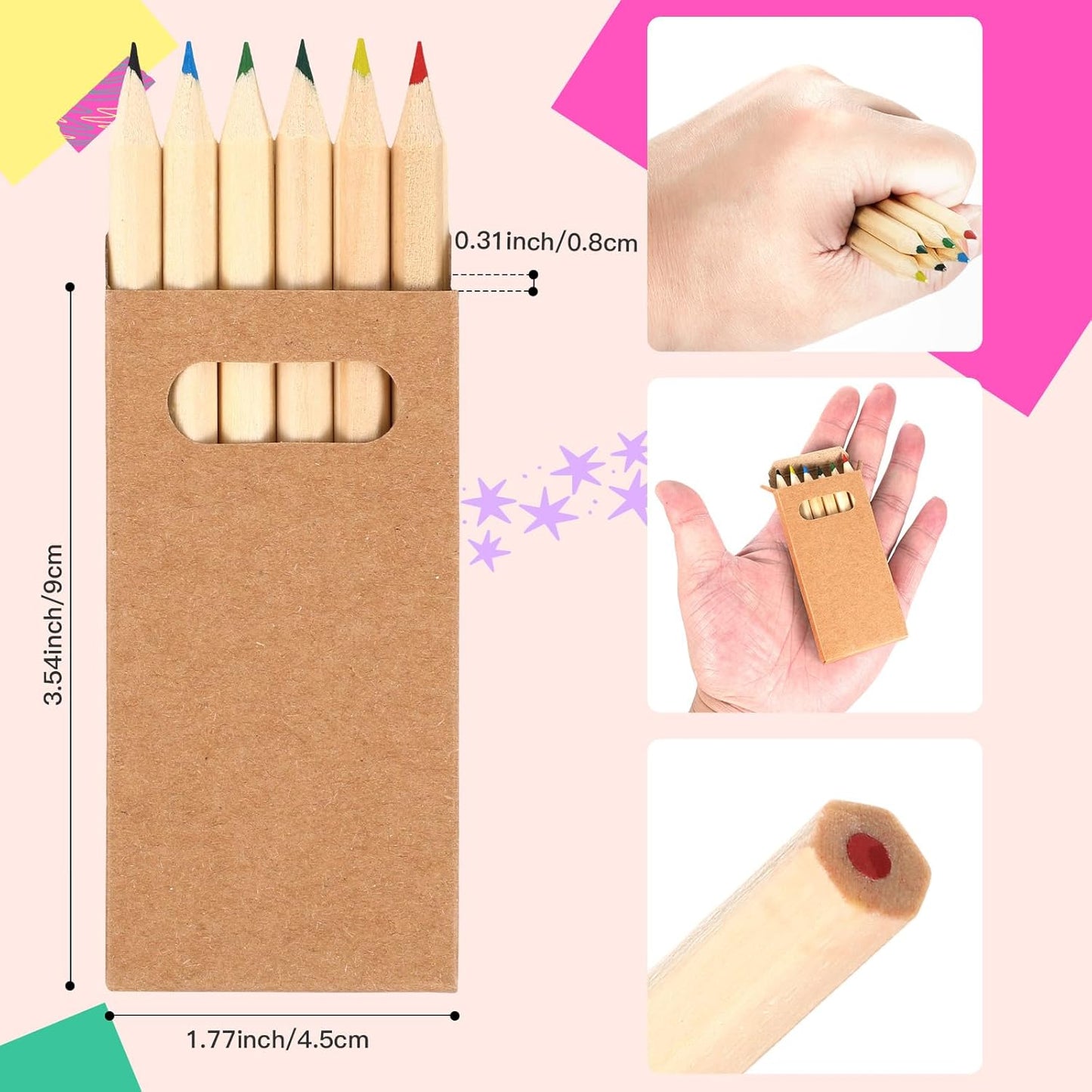Faccito 15 Packs Mini Drawing Colored Pencils for Kids 3.5 Inch Portable Short Fat 6 Different color Pre Sharpened Pencils in Bulk for Children Painting Classroom School Supplies