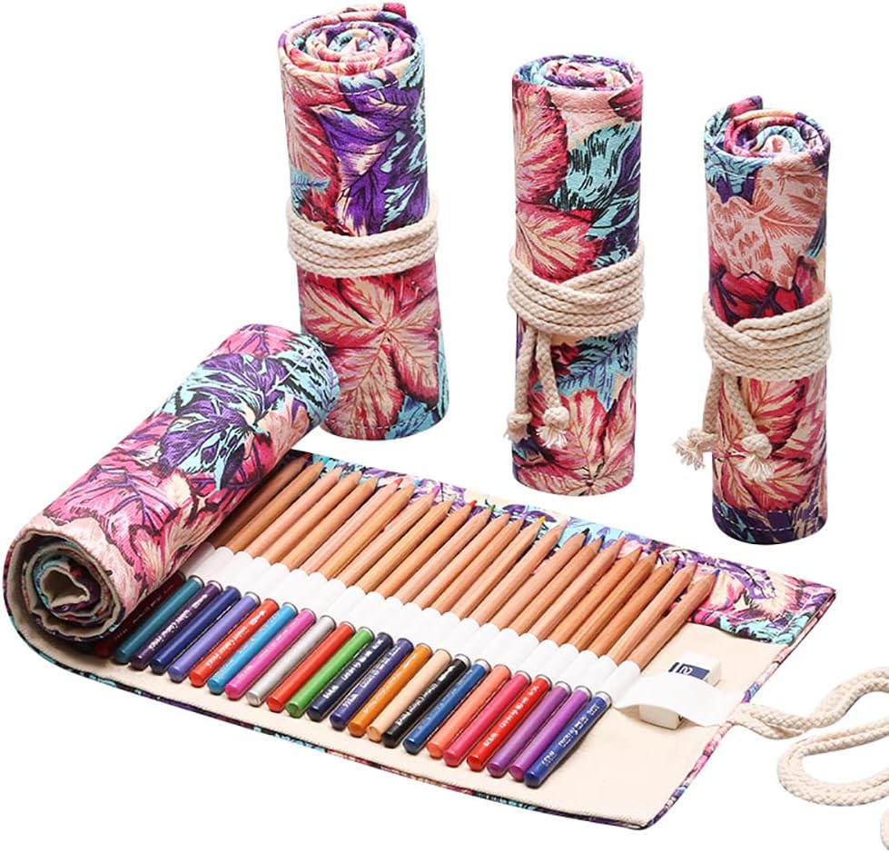 DIYOMR 24/36/72 Slots Pencil Wrap Pencil Rolls, Artist Colored Pencils Roll Up Bag Short Brushes Pouch Case Pencils Organizer for Drawing Coloring and Sketching (Maple Leaves, 24slots)