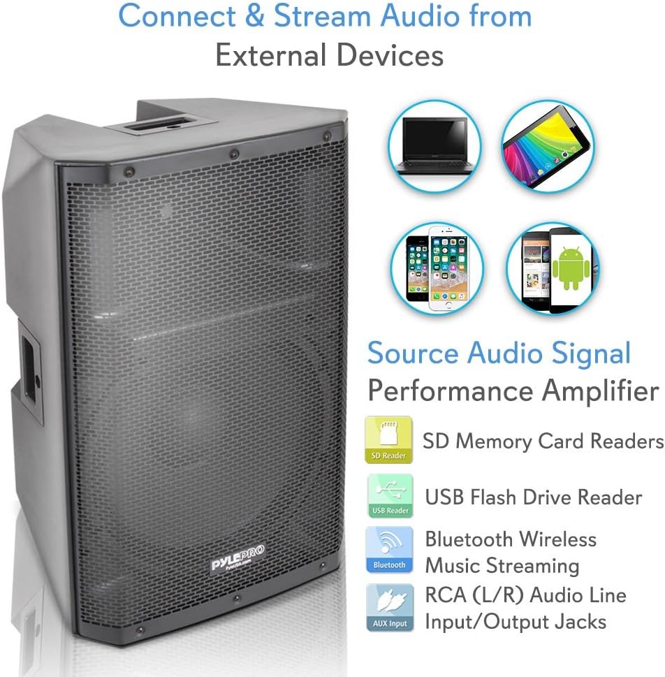 Pyle Bluetooth PA Monitor Speaker System - 1400 Watt indoor Outdoor Loudspeaker w/ 15 Inch Subwoofer, 1.75" Tweeter, 38mm Stand Mount Support, XLR - For DJ Party On-Stage - Pyle PADH15BTA Black