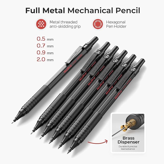 Nicpro 30PCS Black Metal Mechanical Pencil Set in Leather Case, Art Drafting - Image 2
