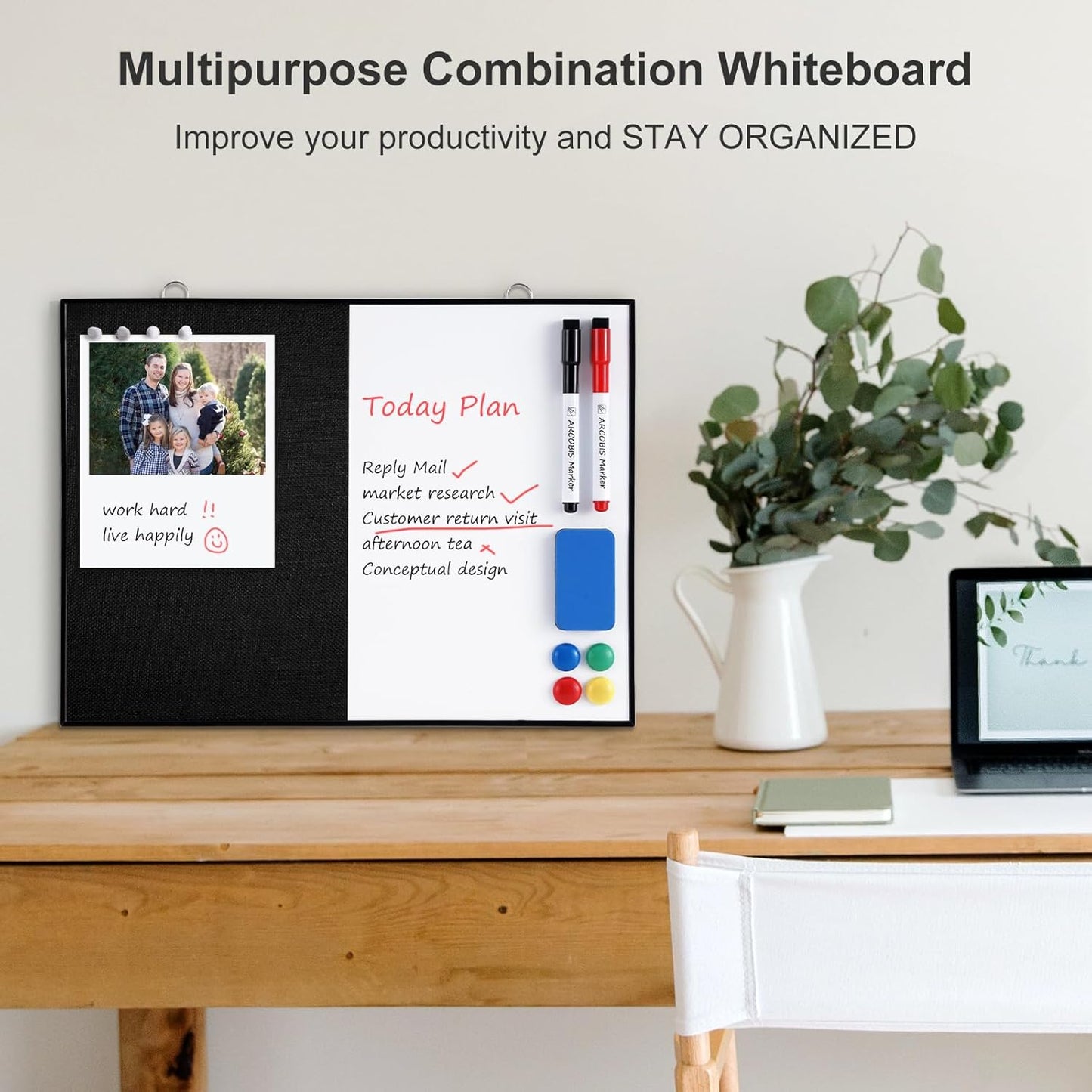 ARCOBIS Dry Erase Linen Board, 12"X16" Small Cork Board White Board Combination, Double-Sided Magnetic Bulletin Board for Wall, Vision Board for Home, Office, School, Black