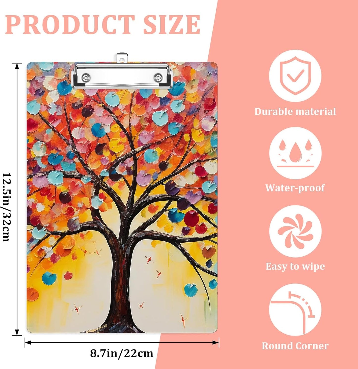 Colorful Trees Plastic Clipboards,Cute Fashion Clipboard Decorative 8.5" x 12.5"Standard A4 Size Clipboards,Acrylic Clipboard for Teacher,Social Worker,Students,Nurse,Office Supplies
