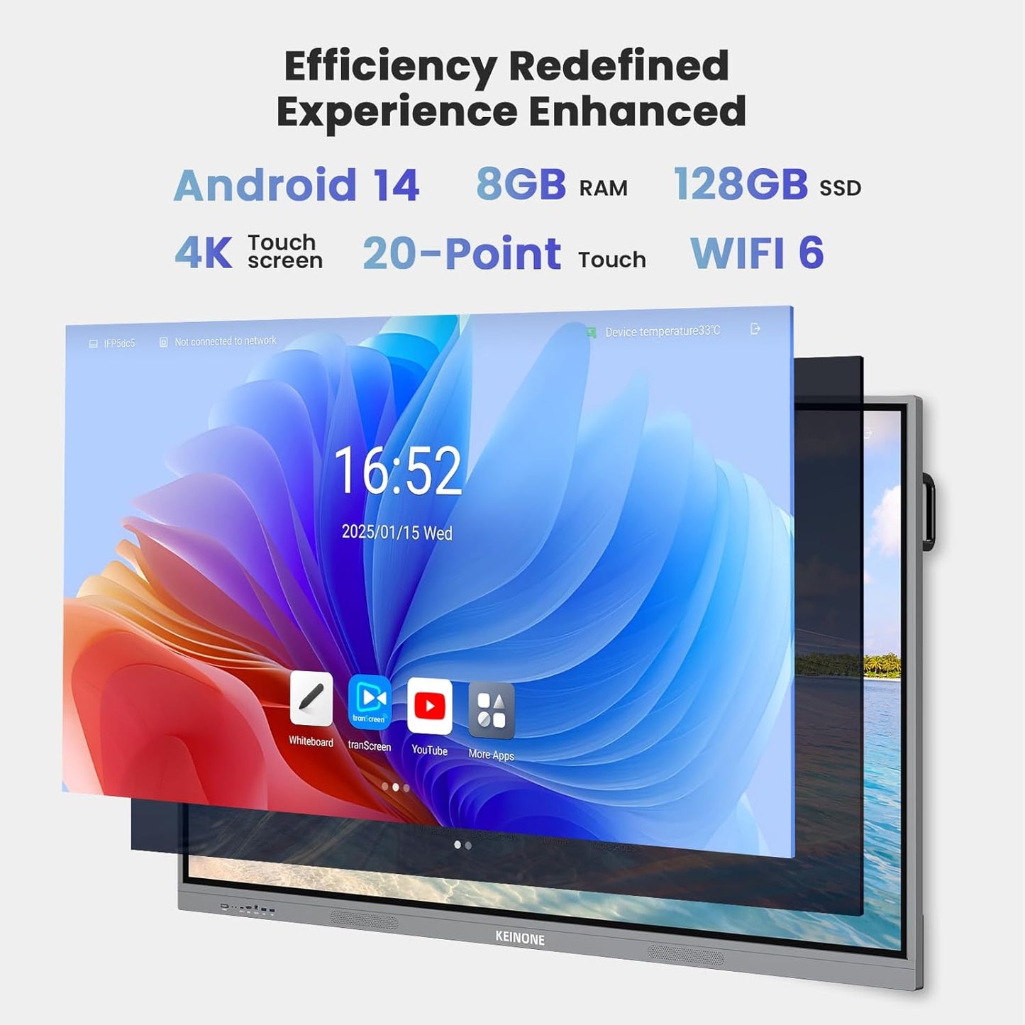 55'' 4K Smart Board, Android 14 OS 8+128 GB Interactive Whiteboard, Electronic Digital Whiteboard with Open App Ecosystem, Touchscreen Smart Board for Home, Office and Classroom, Gray