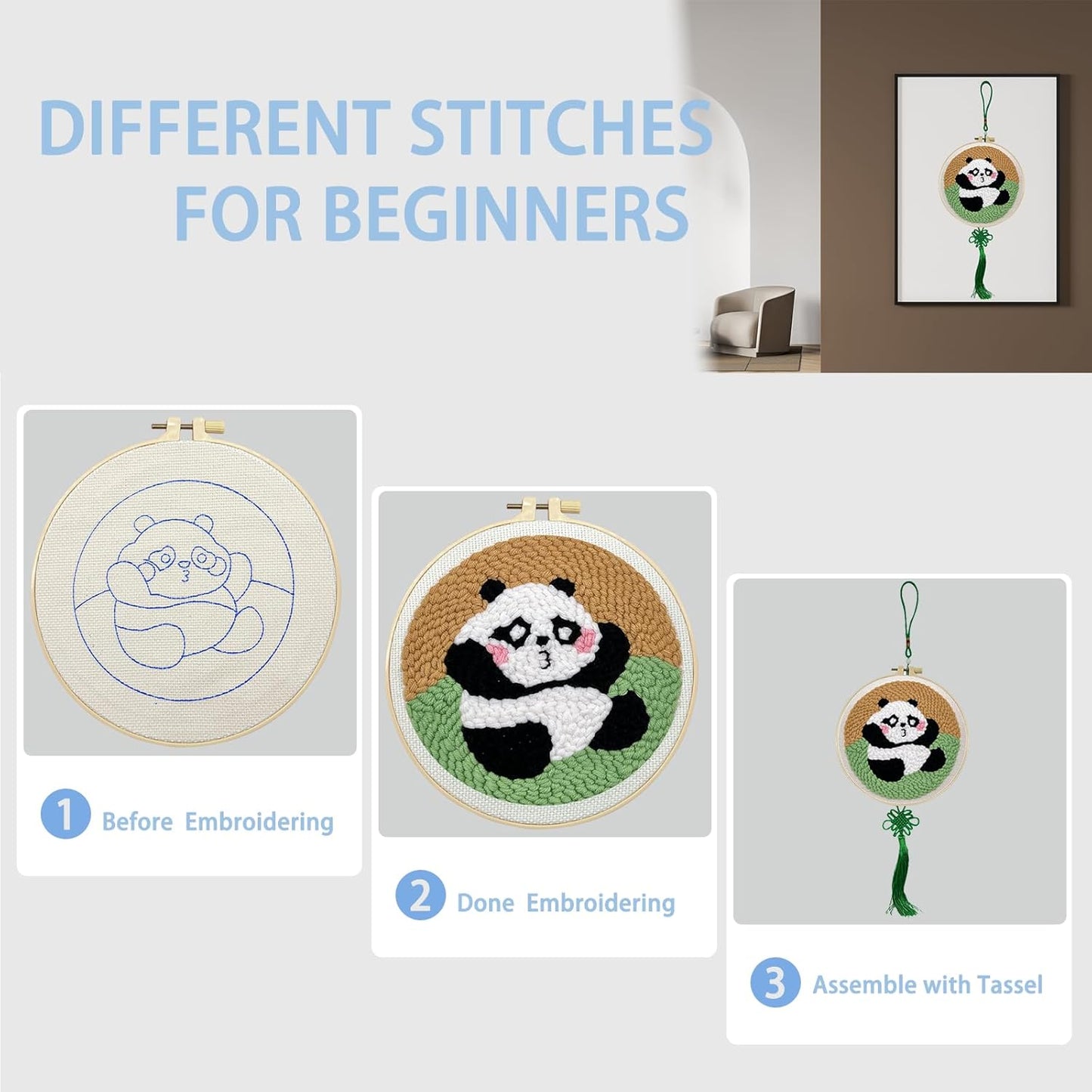 Danvk Panda Punch Embroidery Kit with Embroidery Fabric, Hoop,Scissor,Punch Needle and Yarns, Hand Craft Gift,DIY Embroidery Kits, Hand Punch Needle Kit for Women and Kids Beginners (Panda-Sitting)